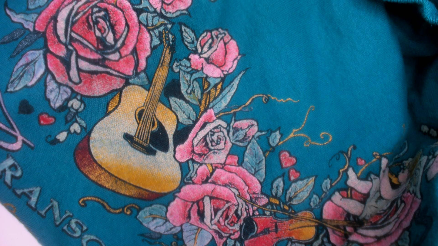 90s Branson Cherub Angel Roses Guitar Teal Cotton Graphic Tee Small