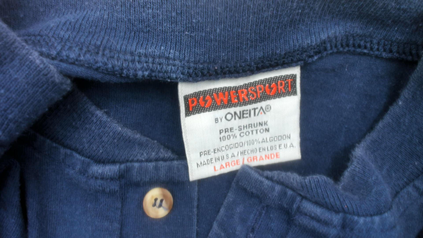 90s Powersport by Oneita Navy Henley Embroidered Bulldog Golf Graphic Large L