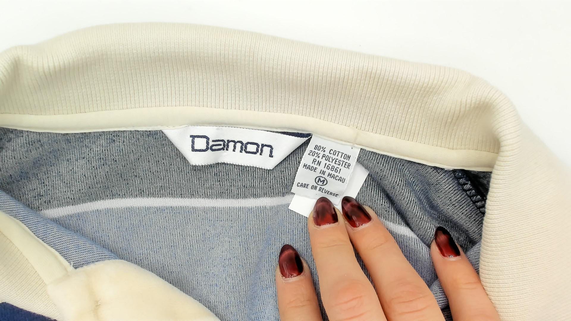 80s Damon Striped Velour Rugby Polo Cream Navy Collared Pullover Medium