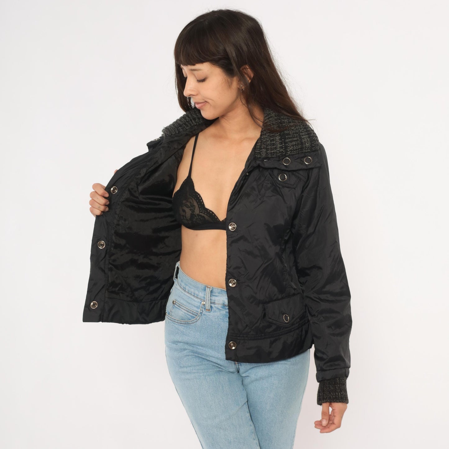 Y2K Dollhouse Black Bomber Jacket Snap Front Knit Collar Cropped Medium M
