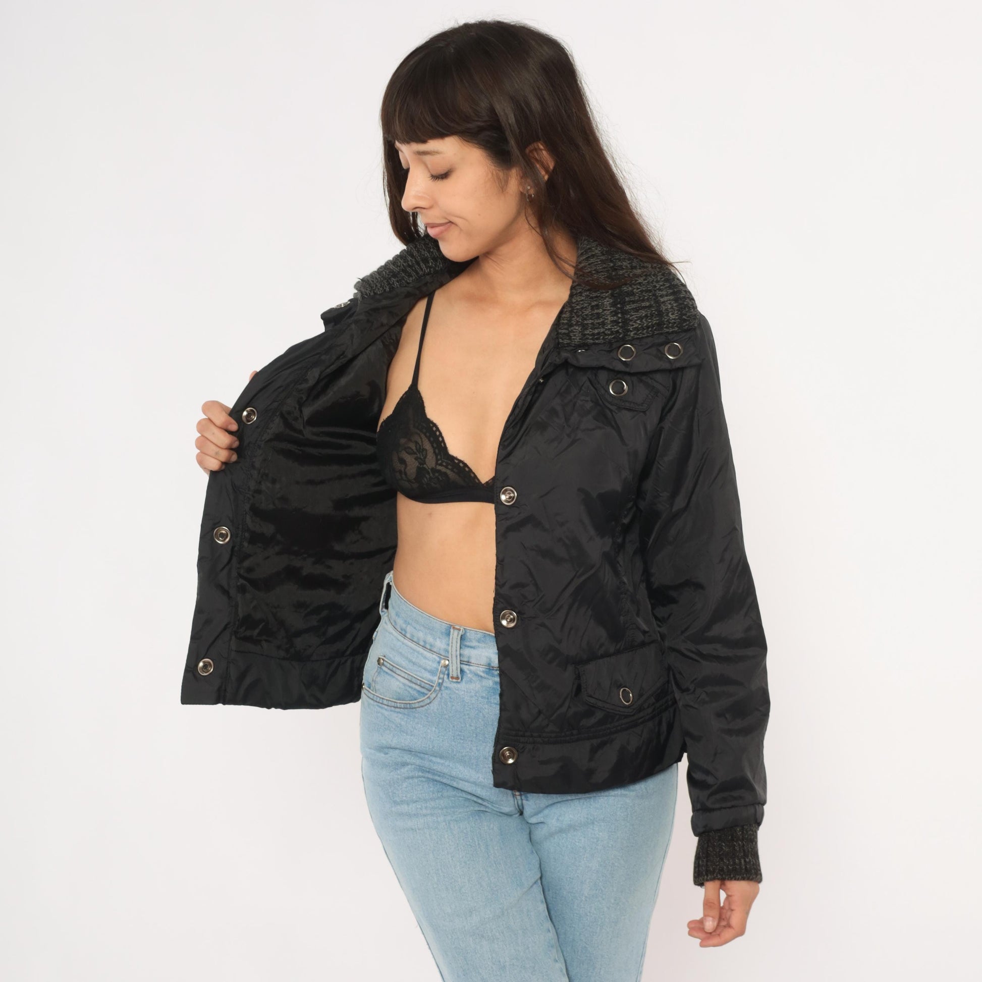 Y2K Dollhouse Black Bomber Jacket Snap Front Knit Collar Cropped Medium M