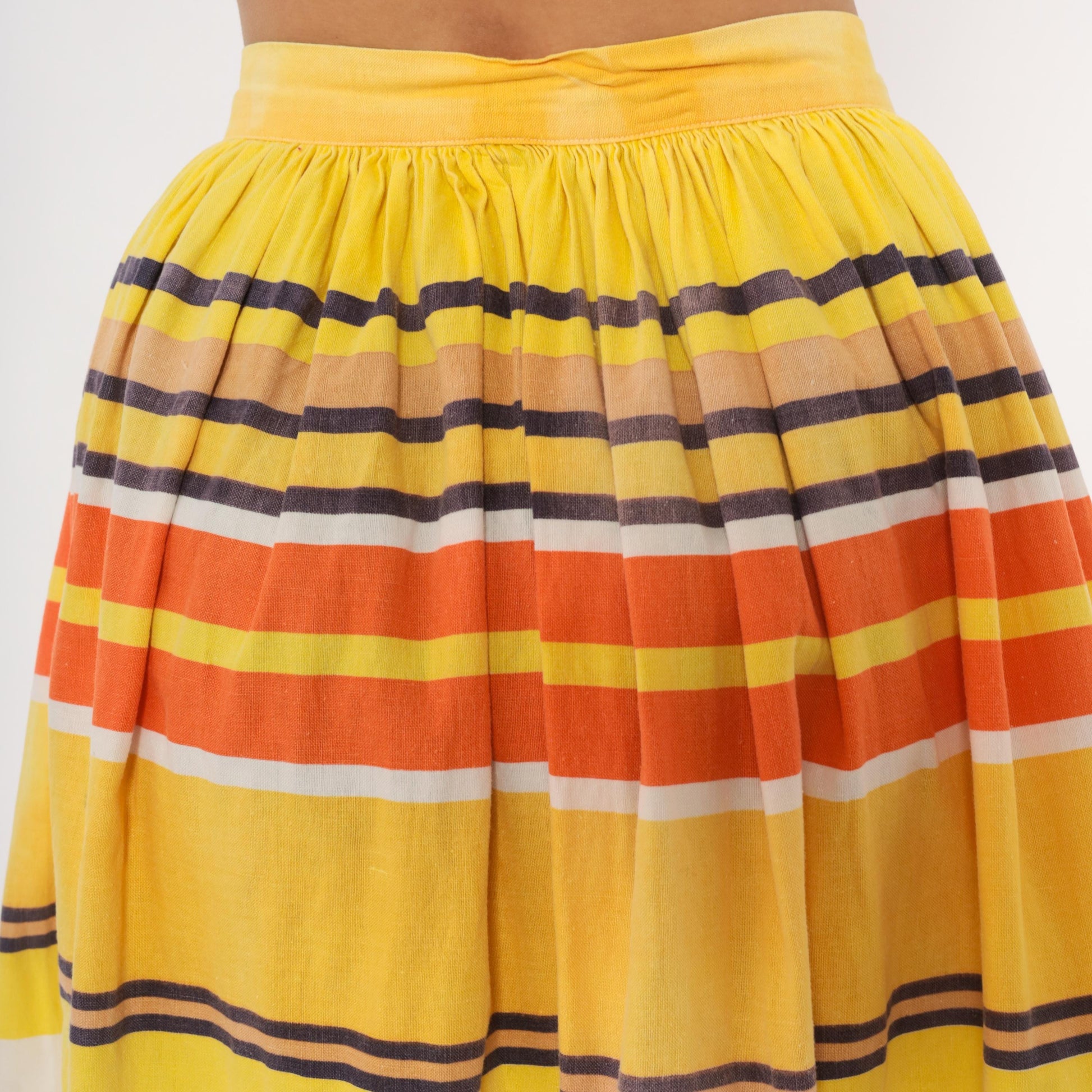 70s Striped Button Front Midi Skirt Yellow Orange Cotton Gathered Waist Small