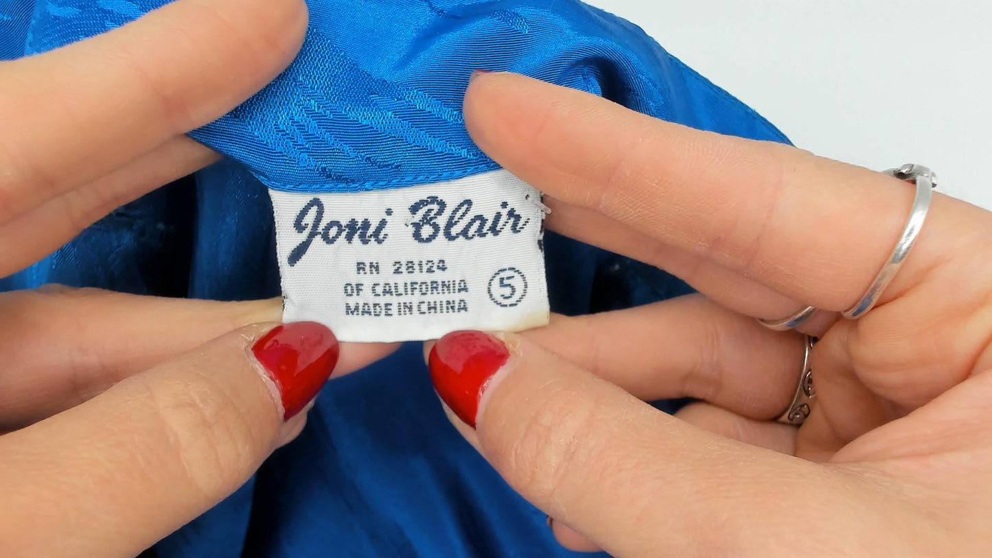 80s Joni Blair Cobalt Jacquard Shirtdress Midi Blue Half Sleeve Small S