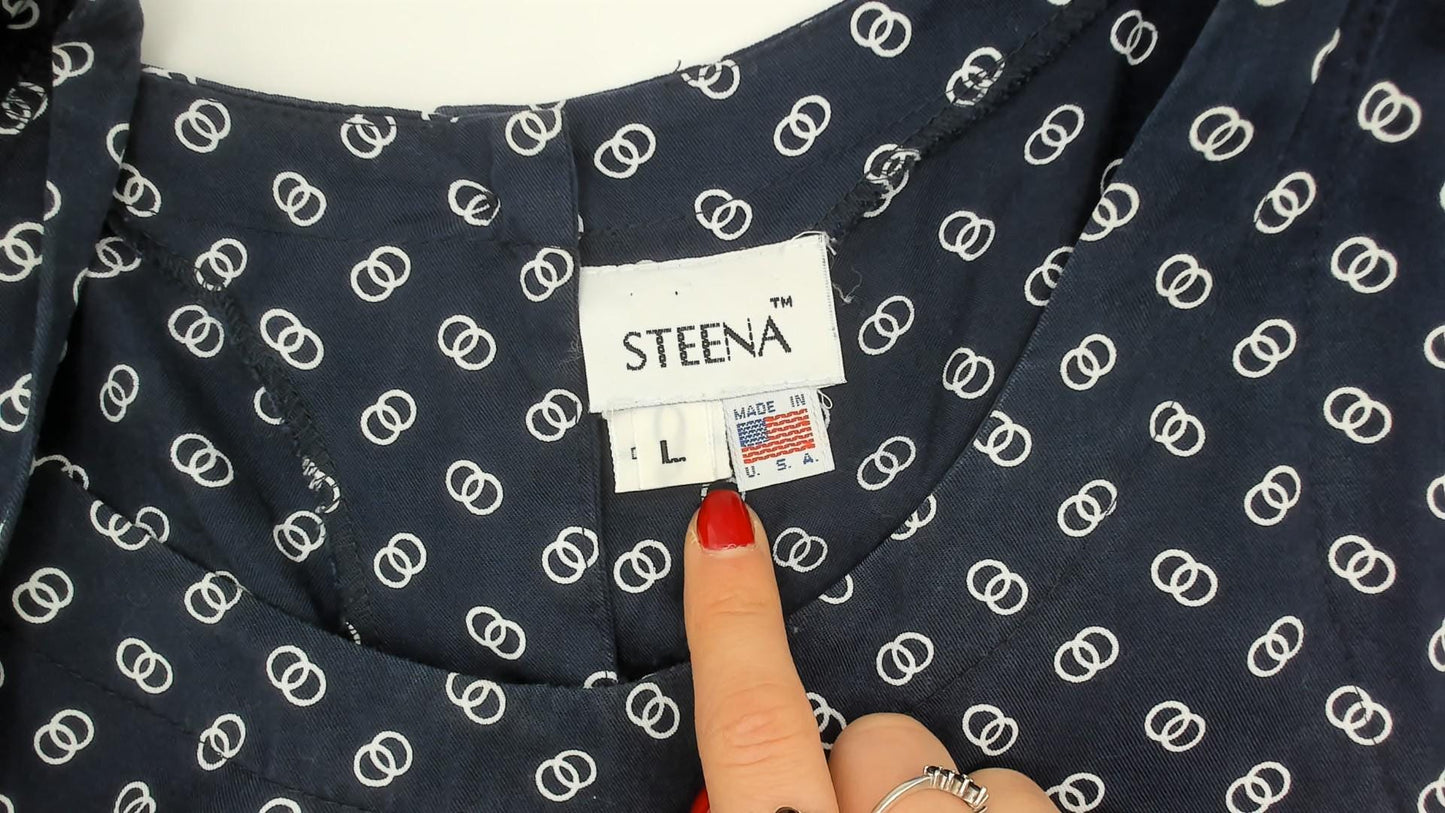 80s Steena Navy Sundress White Geometric Print Cotton Knee-Length Large L