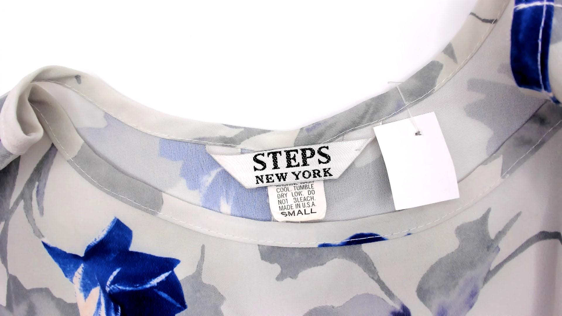 90s Steps Blue Rose Watercolor Midi Dress Ivory Chiffon Cap Sleeve Small S