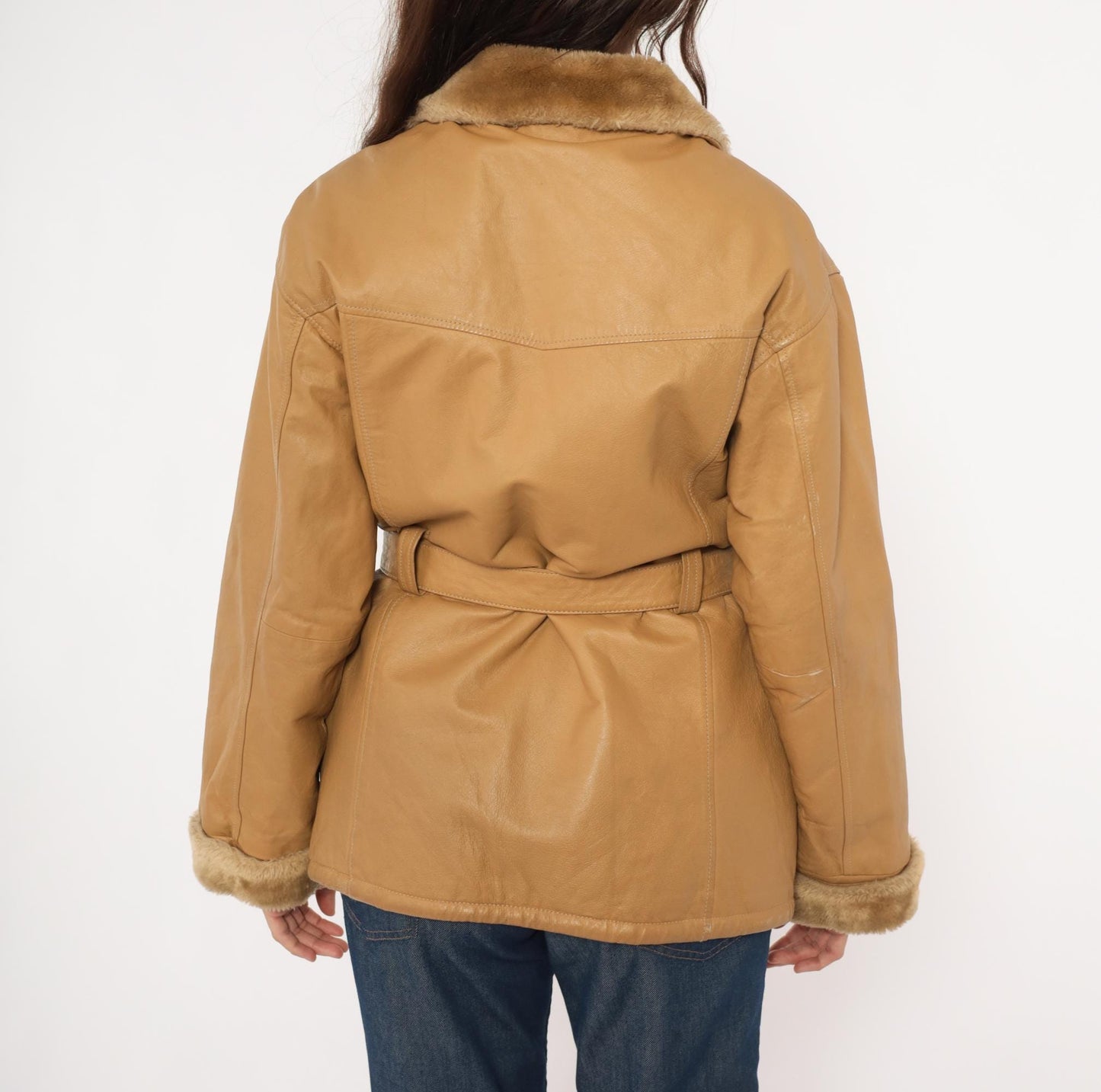 2000s Mny Tan Leather Jacket Fur-Trimmed Collar Belted Hip-Length Small S