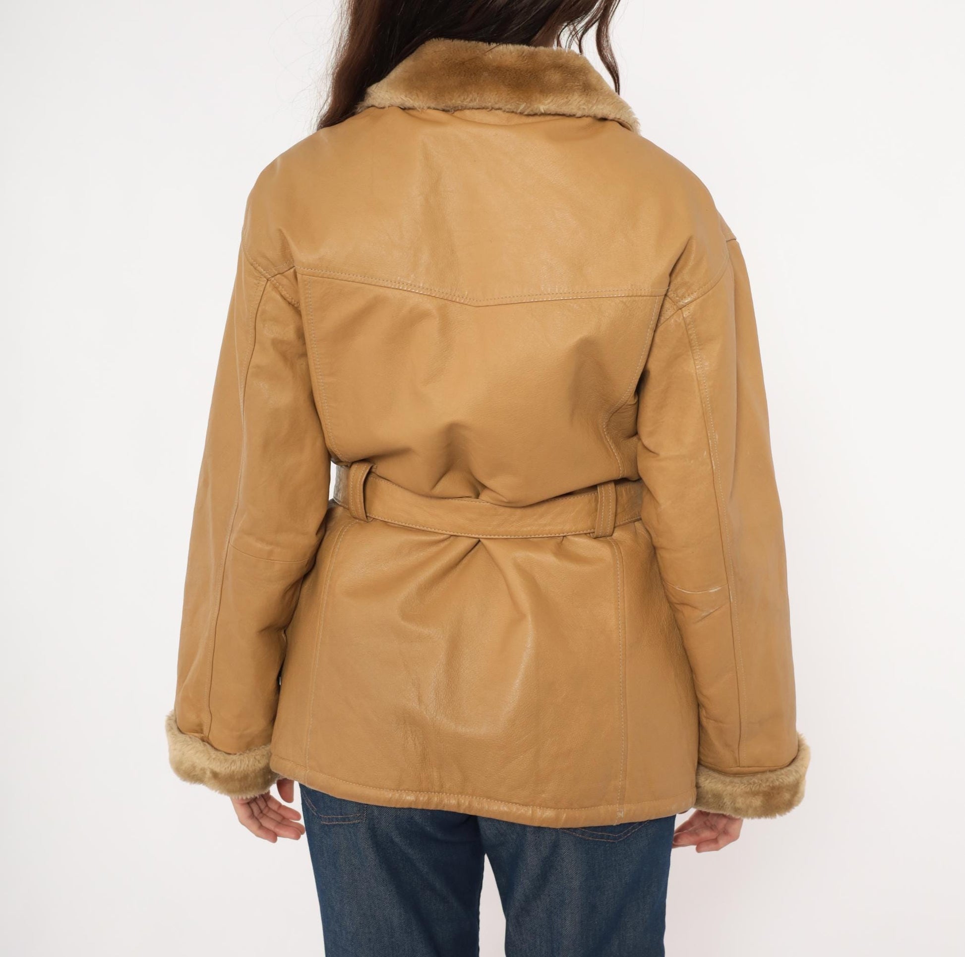 2000s Mny Tan Leather Jacket Fur-Trimmed Collar Belted Hip-Length Small S