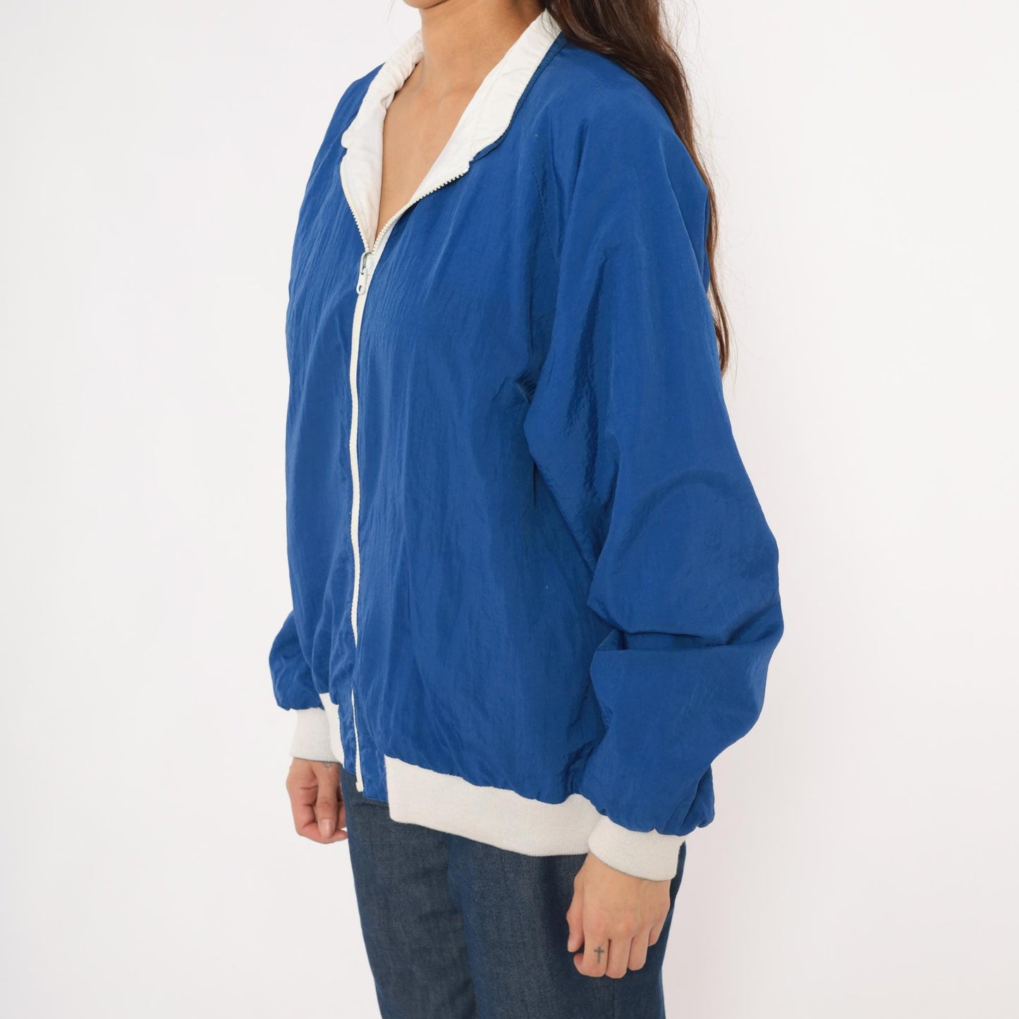 80s Sasson Reversible Windbreaker Blue White Colorblock Raglan Jacket Large