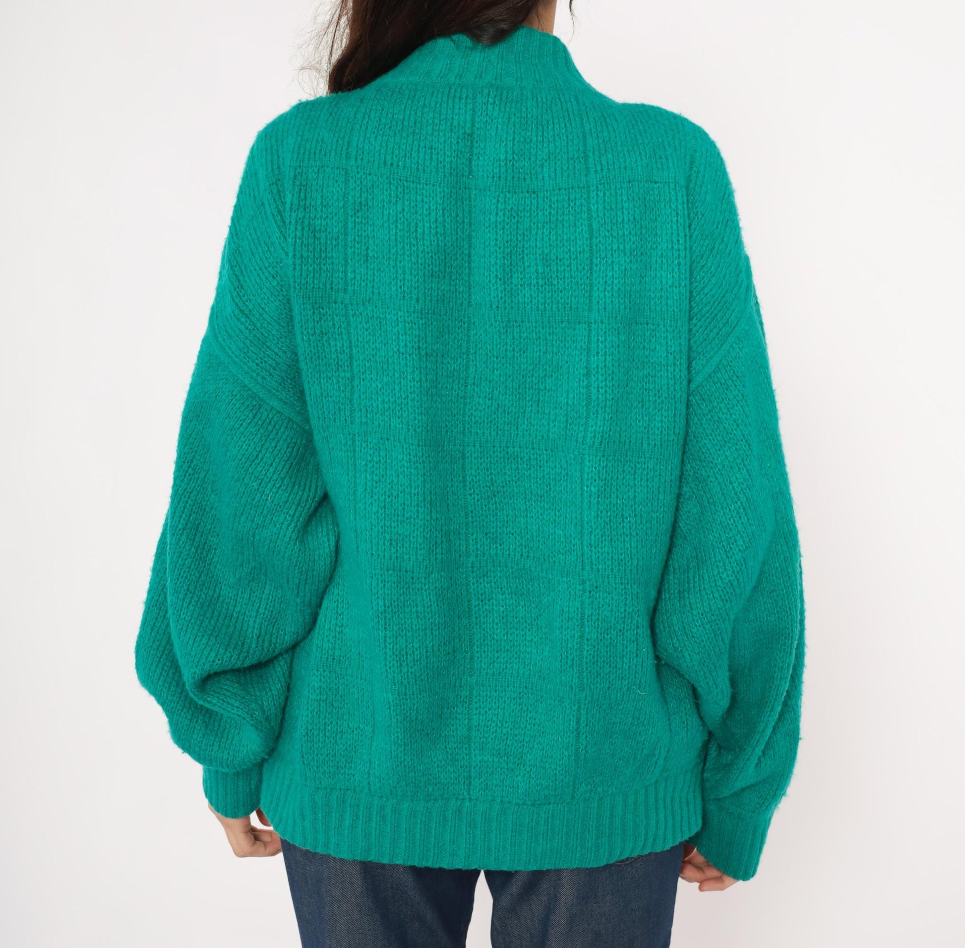 90s Astri Teal Mohair Cardigan Leaf Cable Knit Bomber Medium M