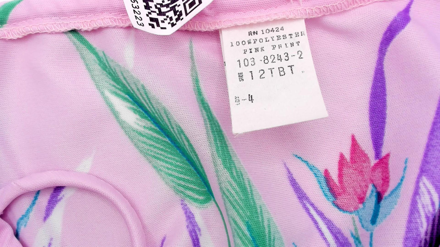 70s Floral Sundress Pink Purple Tropical Print Handkerchief Hem Medium