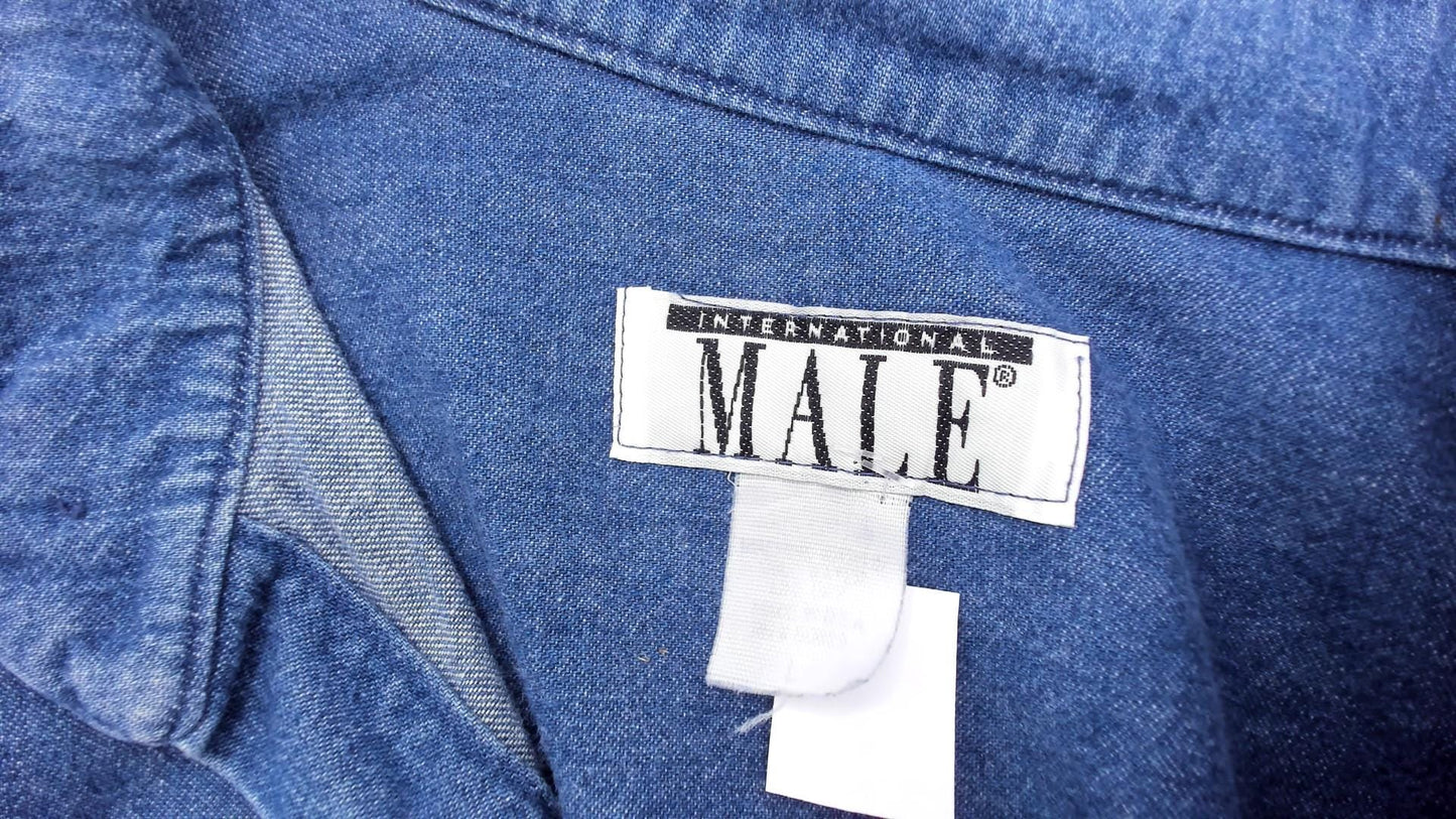 90s International Male Denim Shirt Mandarin Collar Button Front Blue Chambray Large L