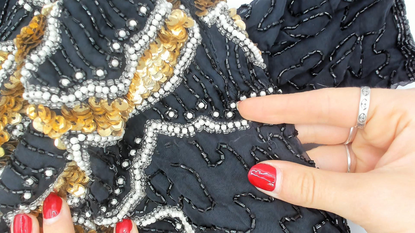 90s Carina Black Silk Mini Dress Gold Sequin Scallop Beaded Art Deco Large Petite