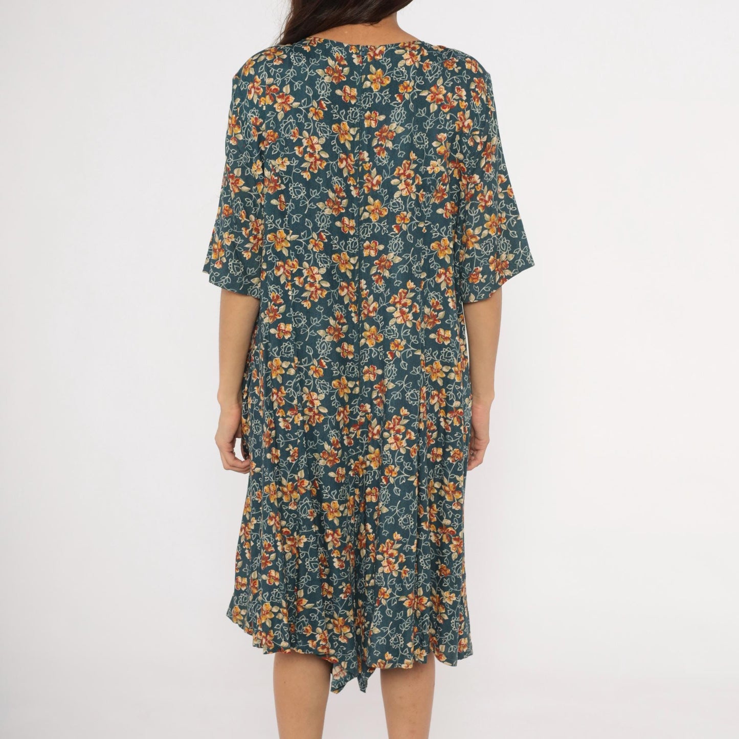 90s The Avenue Floral Midi Dress Teal Orange Flutter Sleeve Tie Front XXL