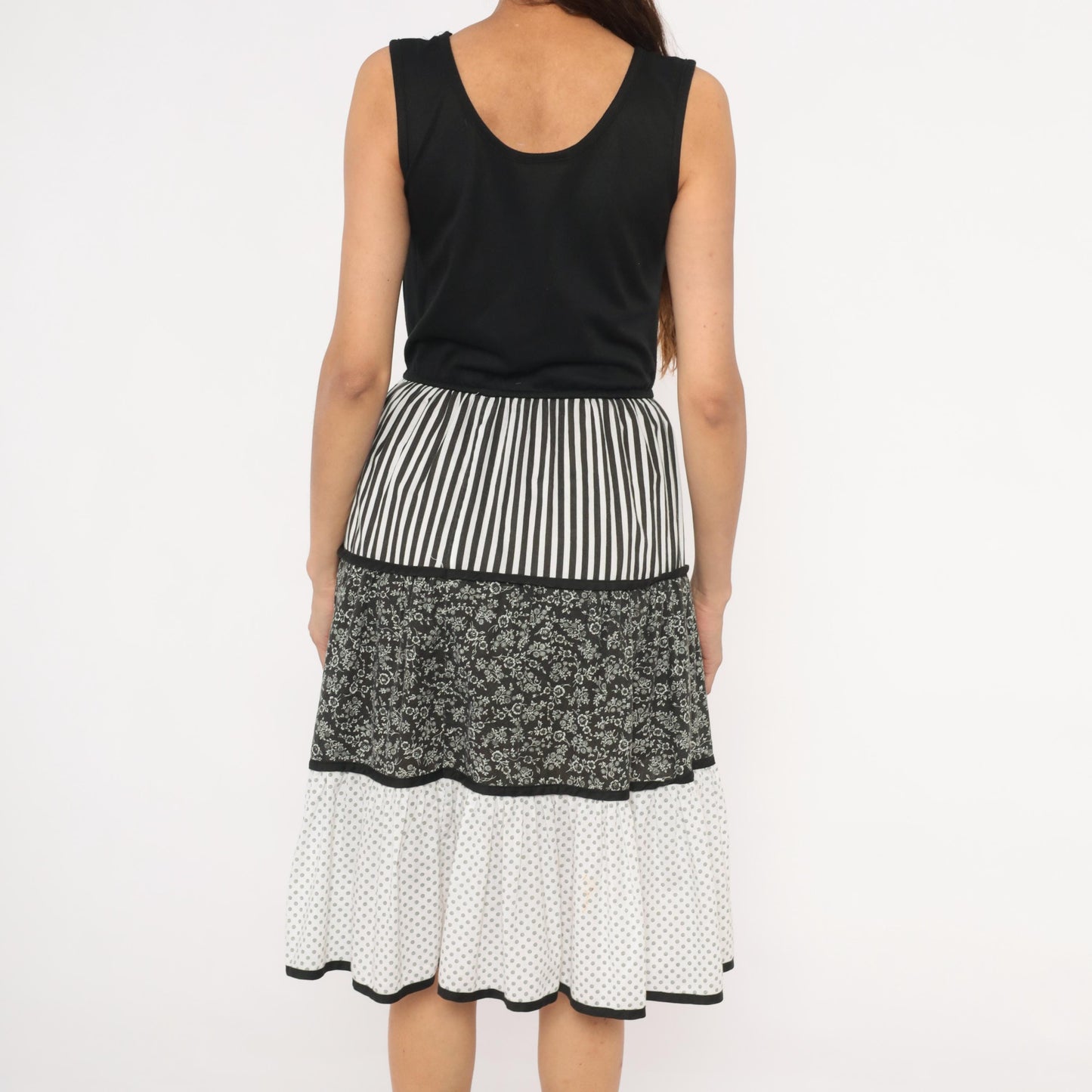 80s Mixed Print Tiered Sundress Black White Floral Striped Polka Dot Medium