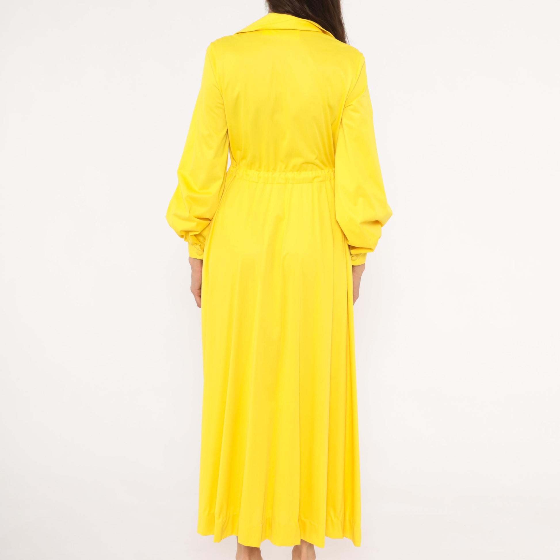 70s Vanity Fair Yellow Maxi Dress Balloon Sleeve Zip Front Gathered Skirt Medium