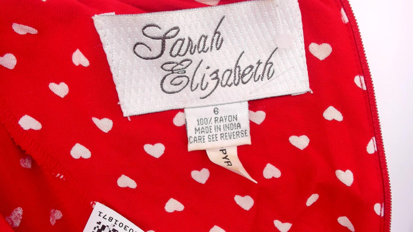 80s Sarah Elizabeth Red Heart Print Midi Dress Button Front Scoop Neck Medium M
