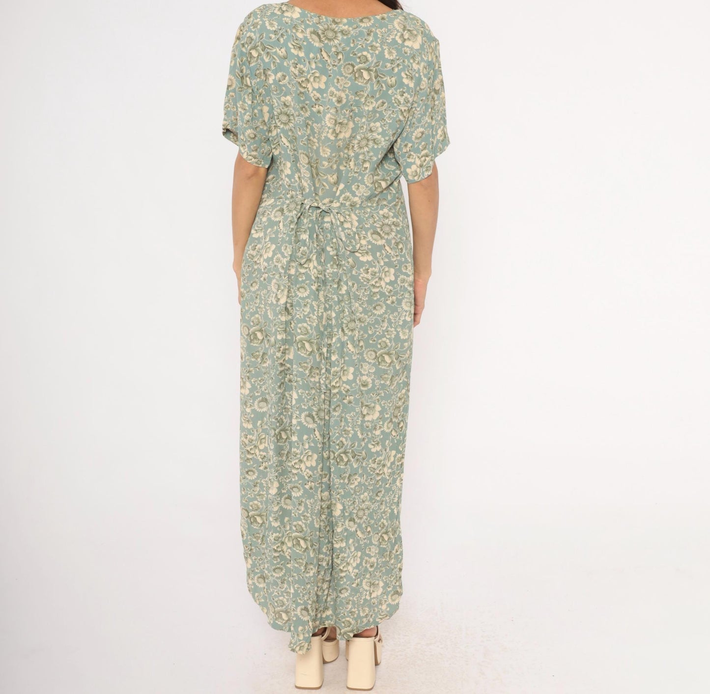 90s April Cornell Floral Maxi Dress Teal Cream V-Neck Short Sleeve Large L