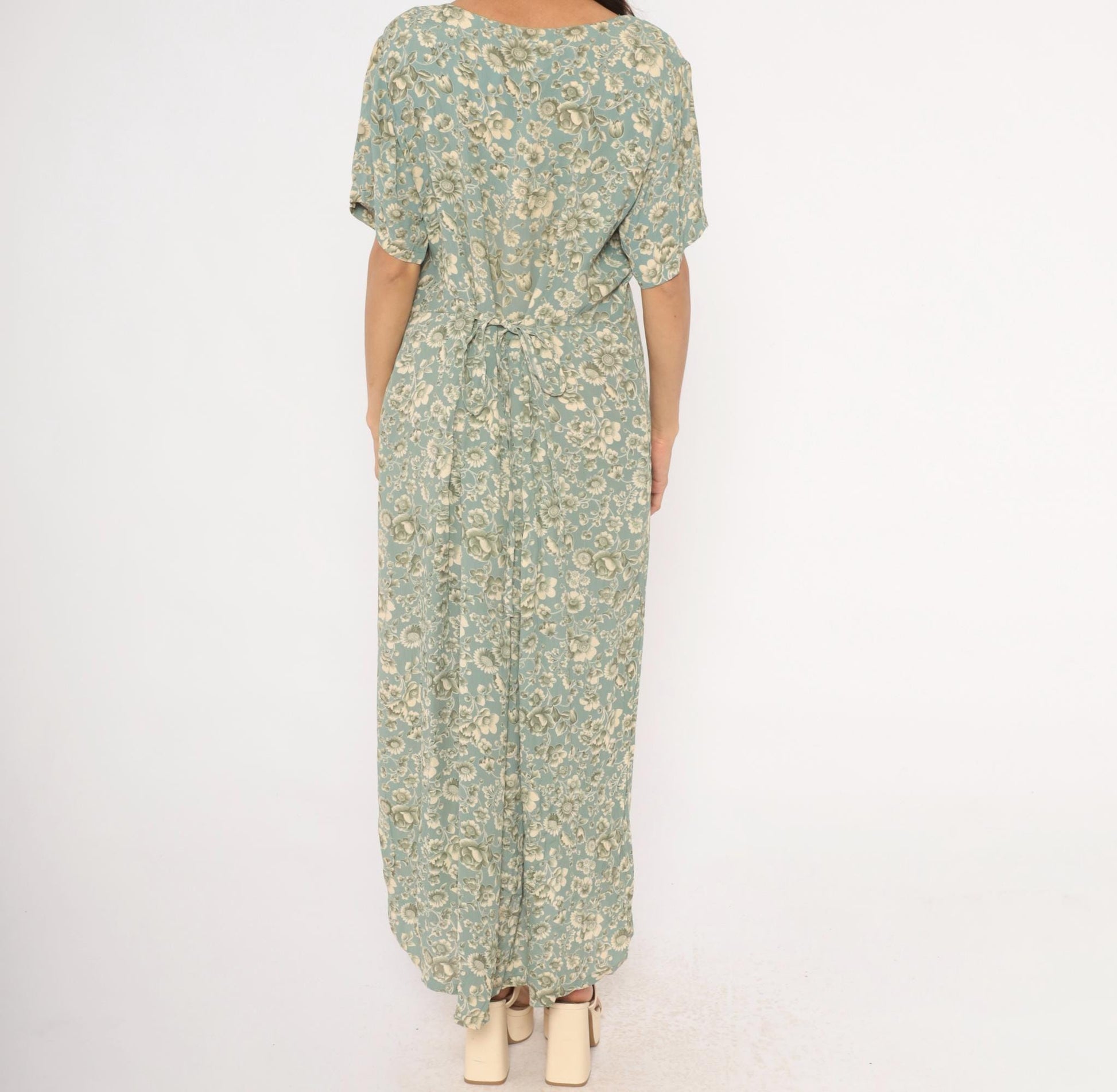 90s April Cornell Floral Maxi Dress Teal Cream V-Neck Short Sleeve Large L
