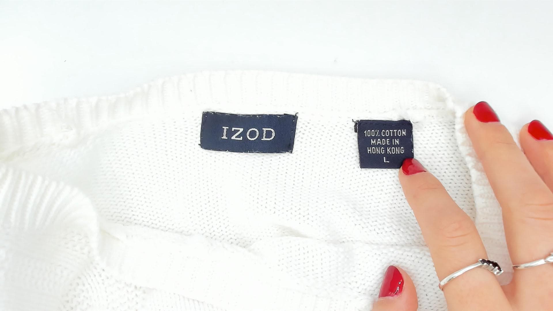 90s Izod Cotton Crewneck Sweater White Windowpane Grid Knit Large L
