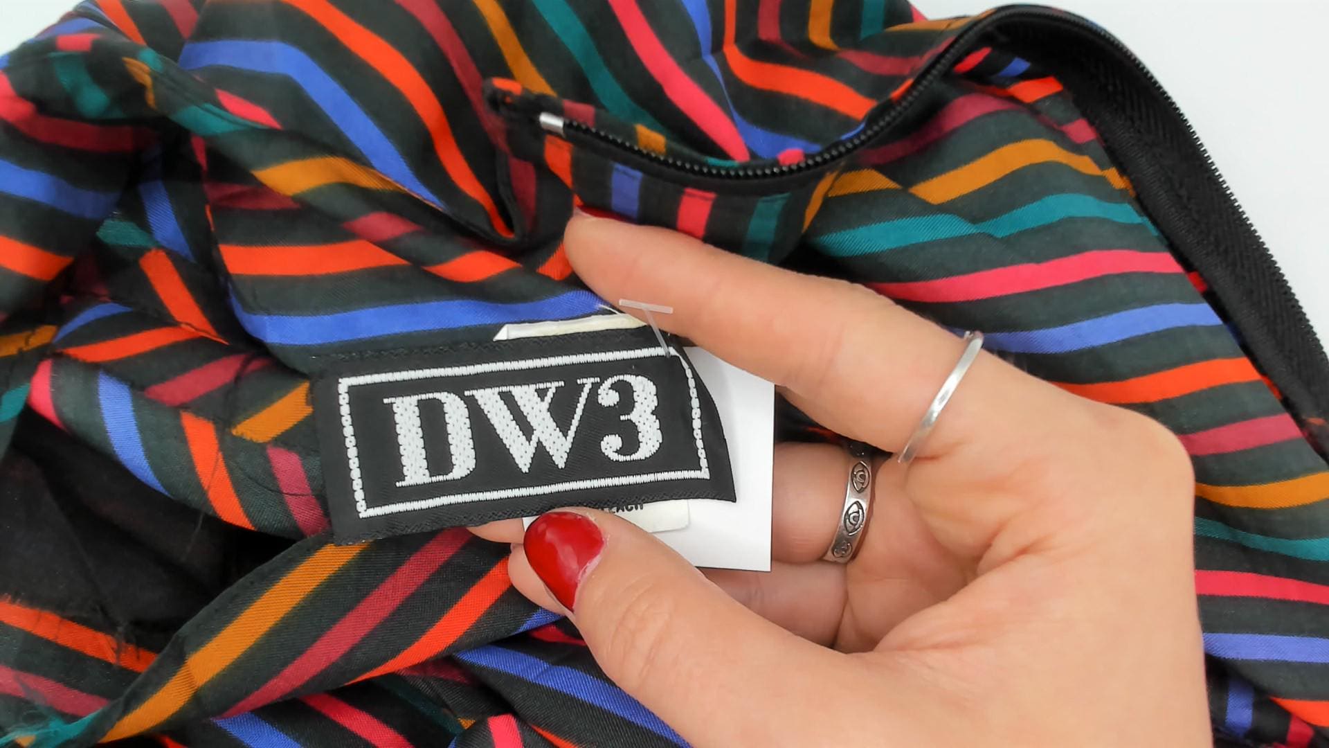 80s DW3 Multicolor Chevron Stripe Dress Puff Sleeve Gathered Waist Large