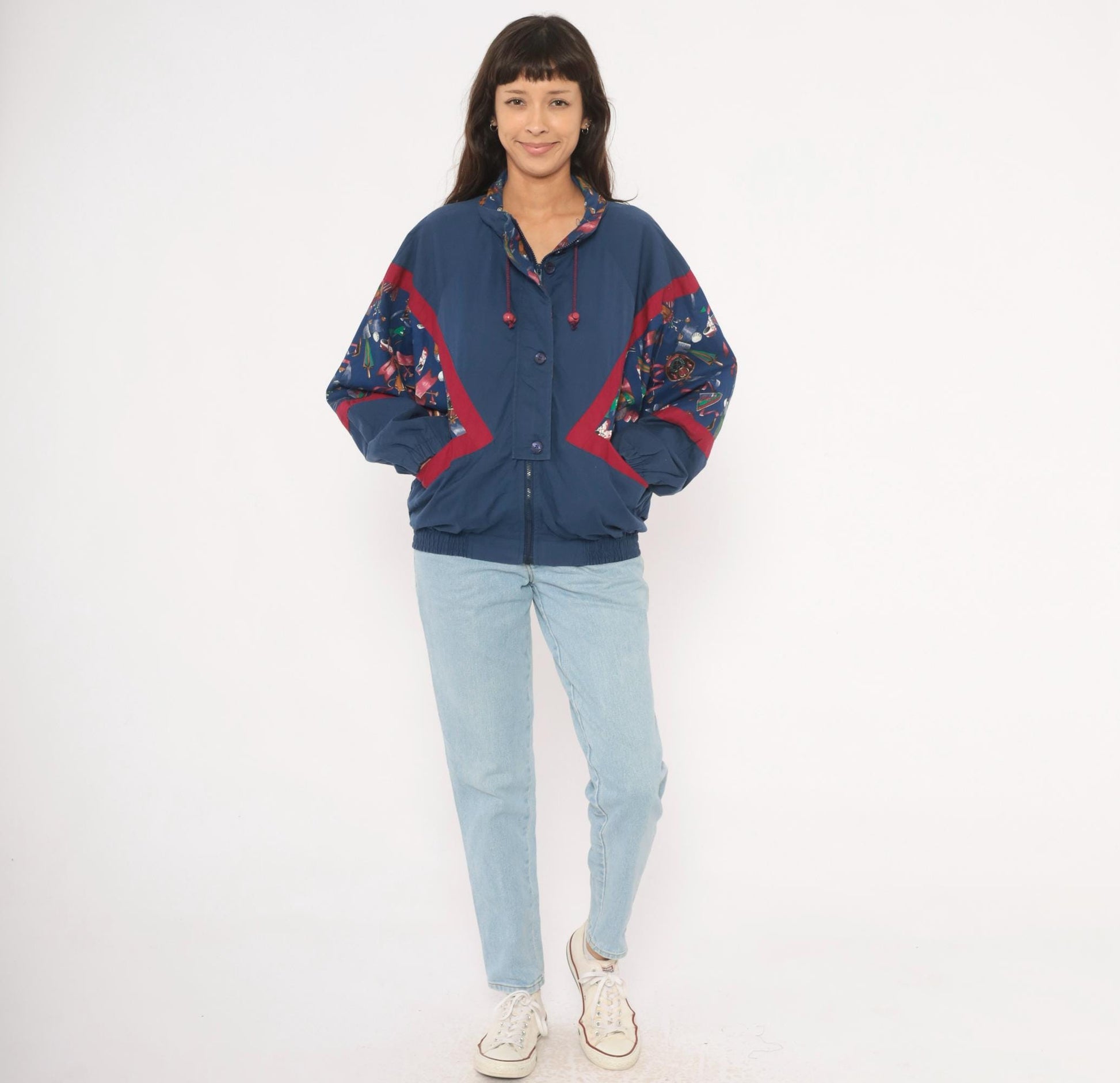 90s Line-Up Golf Print Windbreaker Navy Nylon Jacket Red Color Block Medium