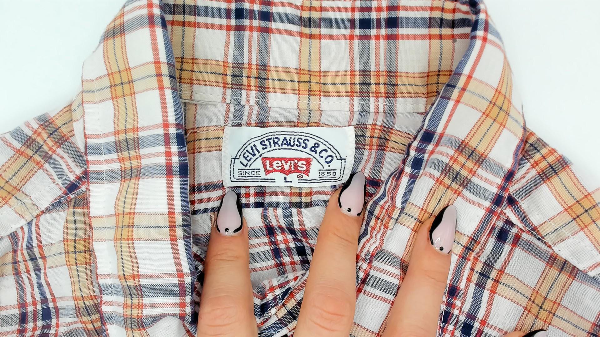 80s Levi Strauss Plaid Flannel Shirt White Navy Red Cotton Large L