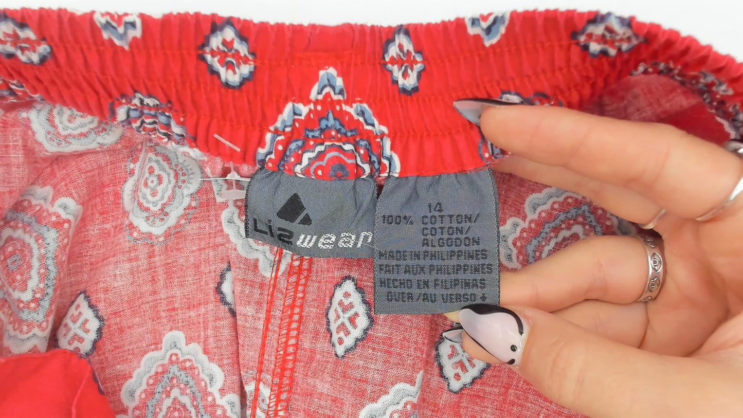 90s Liz Wear Southwestern Midi Skirt Red Medallion Print Cotton Large L
