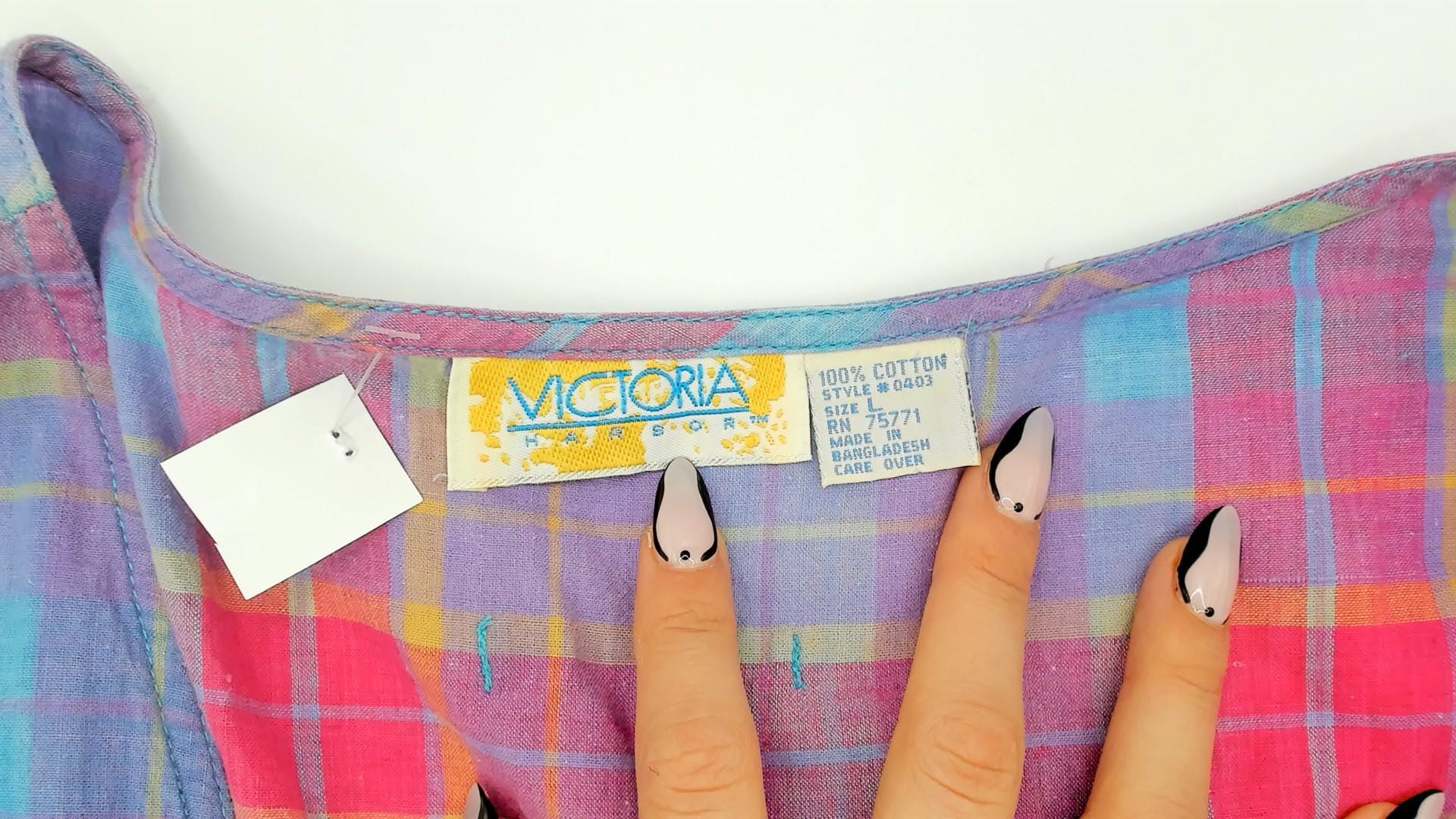 90s Victoria Plaid Cotton Midi Sundress Purple Pink Blue Large L