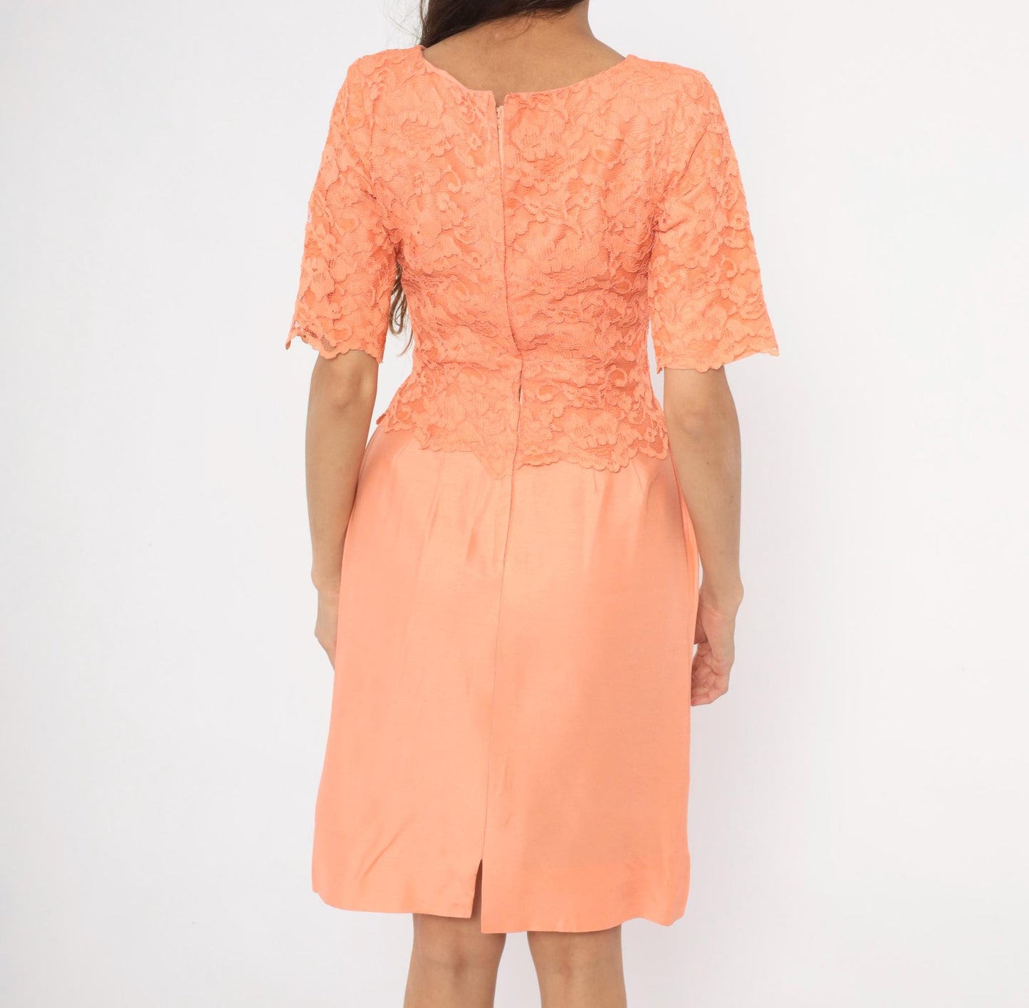60s Sylvia Ann Peach Lace Peplum Dress Scalloped Half Sleeve Medium