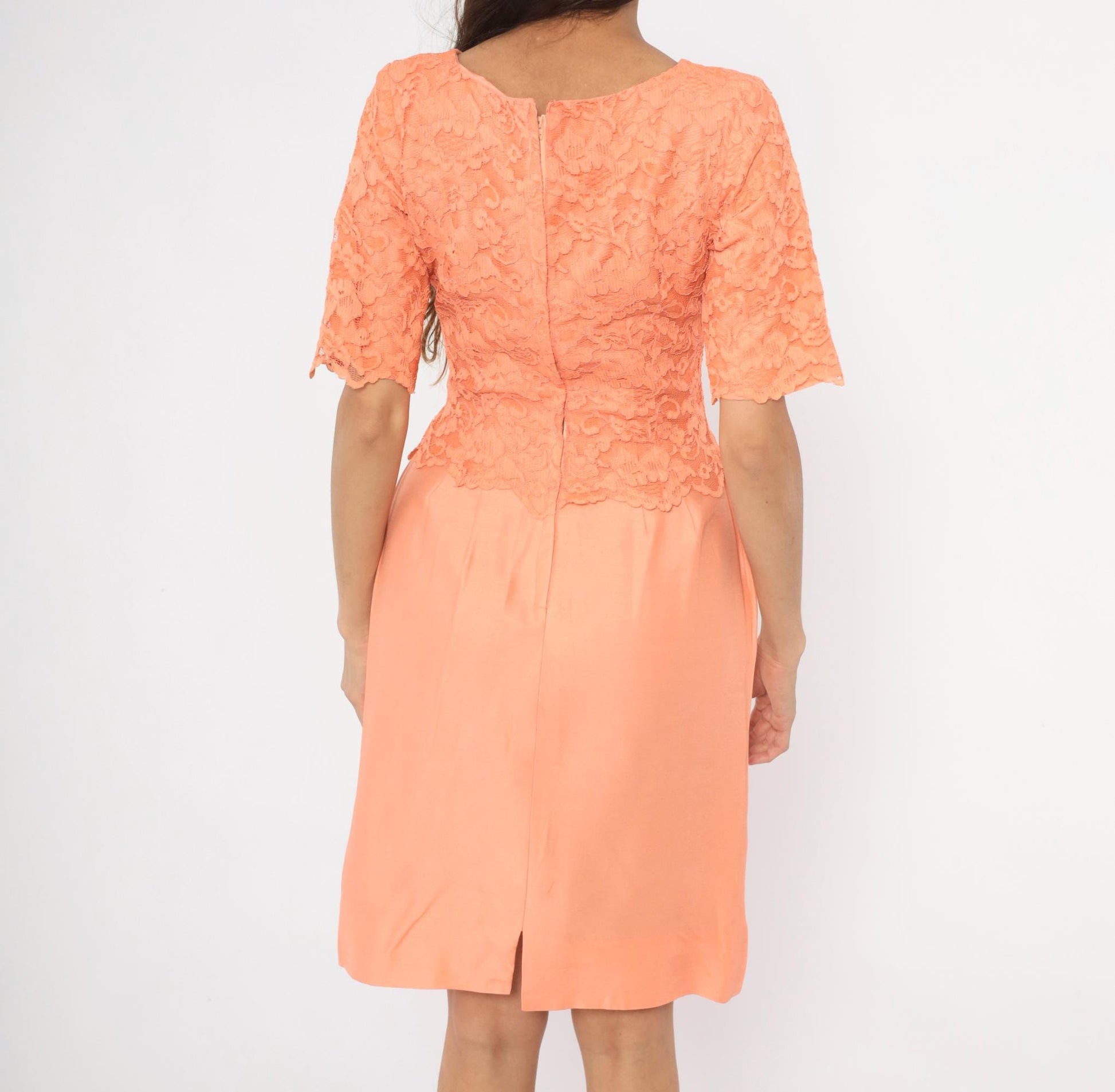 60s Sylvia Ann Peach Lace Peplum Dress Scalloped Half Sleeve Medium