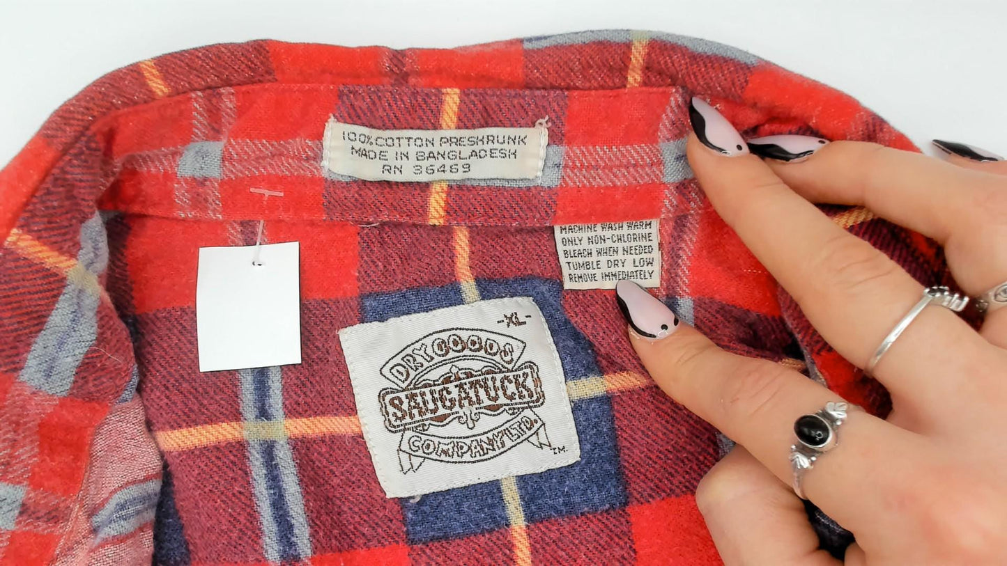 90s Saugatuck Red Navy Plaid Flannel Shirt Cotton Point Collar Extra Large XL