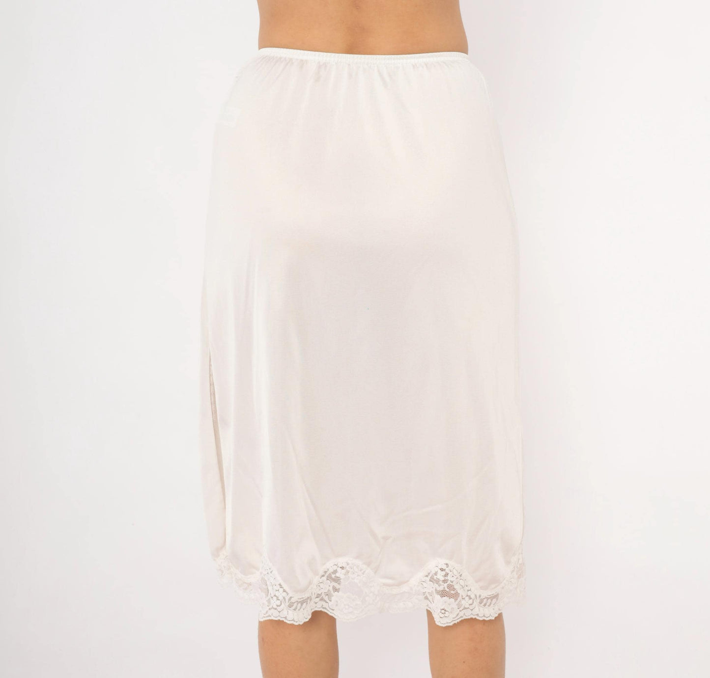80s Adonna White Nylon Half Slip Knee-Length Lace Trim Small S