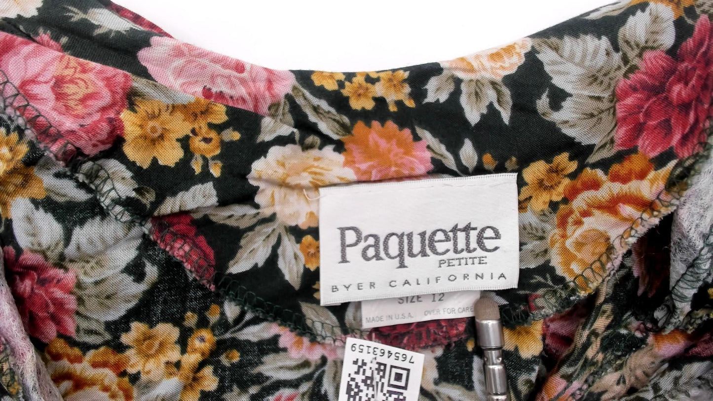 90s Paquette Floral Midi Dress Garden Rose Print Black Pink Burgundy Large L
