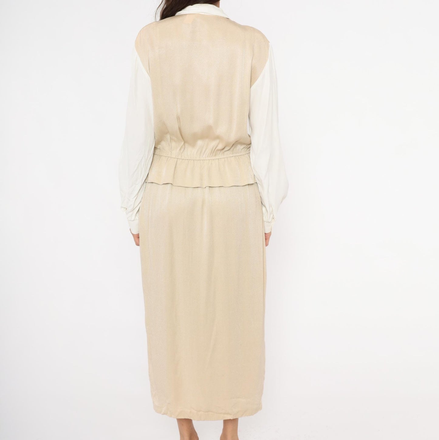 80s Miss Scarlett Jacquard Vest Midi Dress Ivory Collar Cream Sleeves Large L