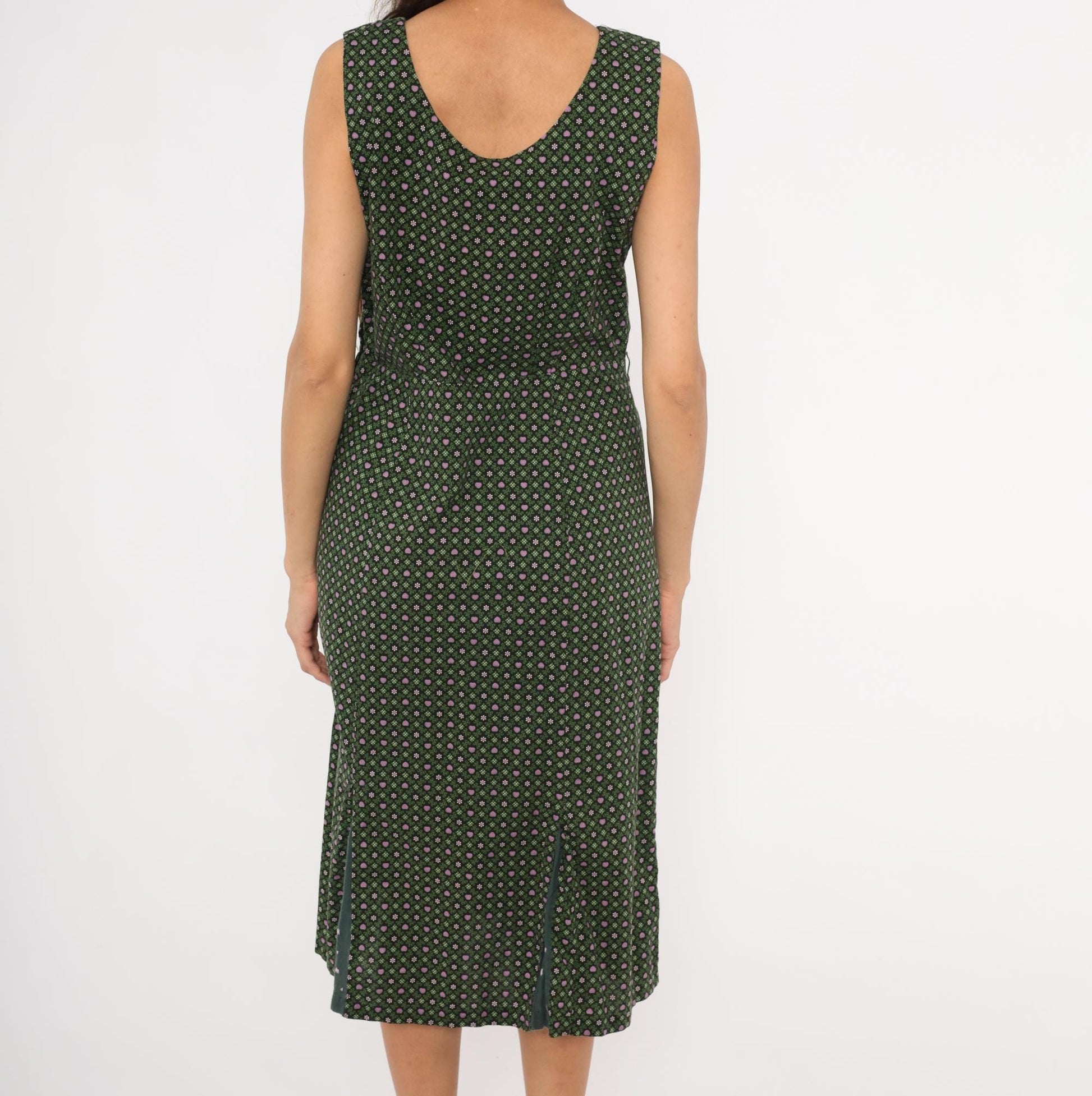 60s Heart Floral Cotton Dress Sweetheart Neckline Pencil Skirt Forest Green Large L