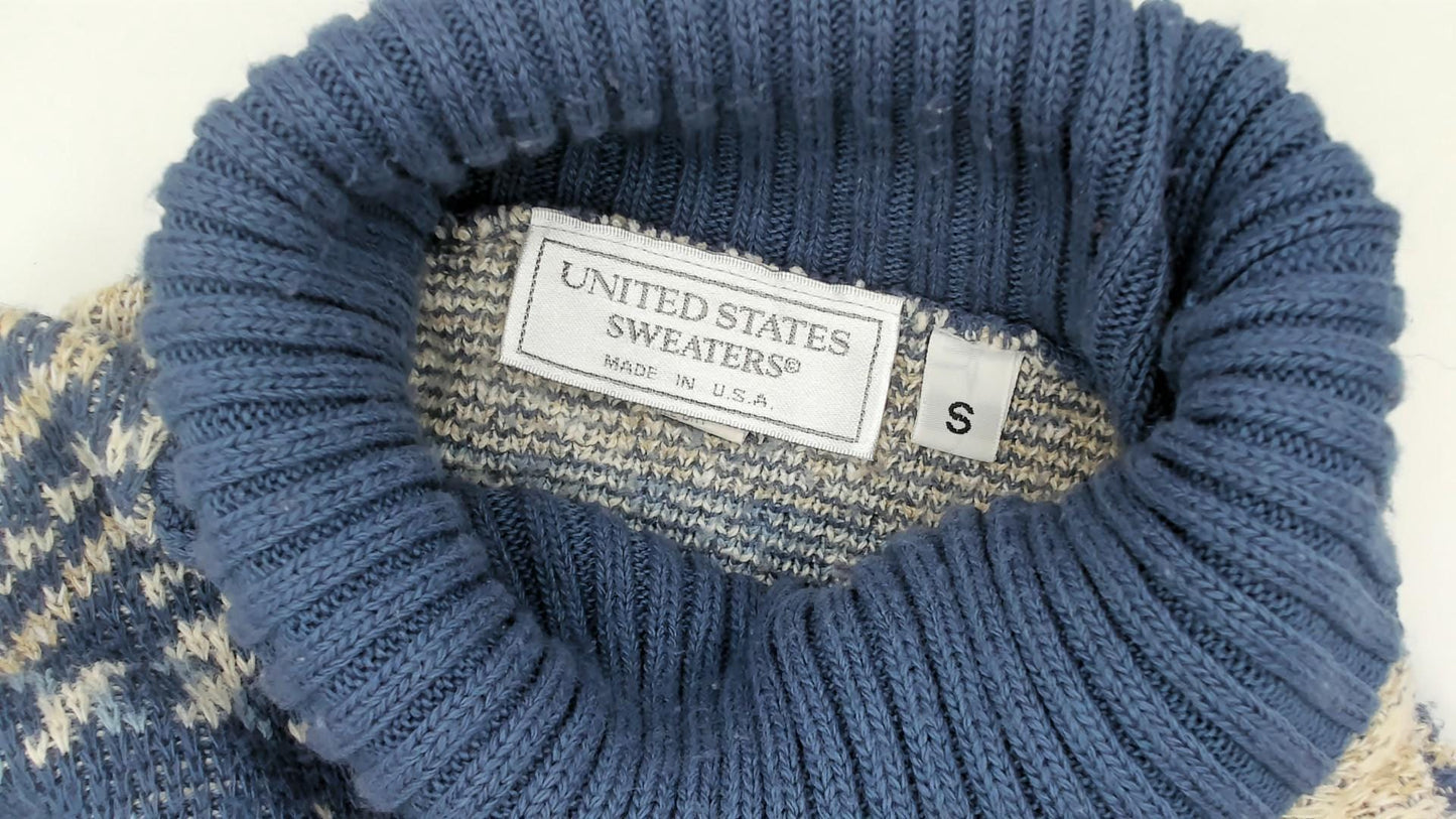 90s United States Sweaters Reindeer Fair Isle Turtleneck Blue Cream Small