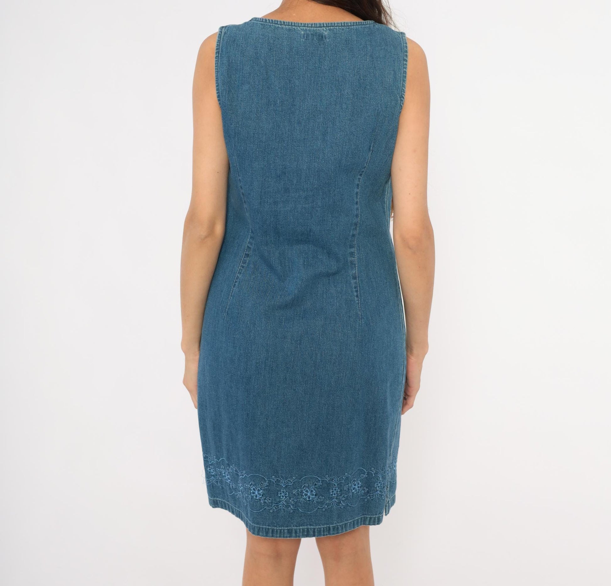 90s Cherokee Denim Shift Dress Embroidered Floral Hem Notch Neck Blue Small S
