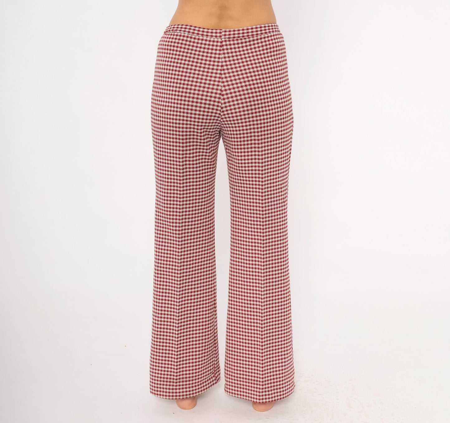 70s Houndstooth Flare Pants Burgundy Cream Low Rise Bell Bottom Medium
