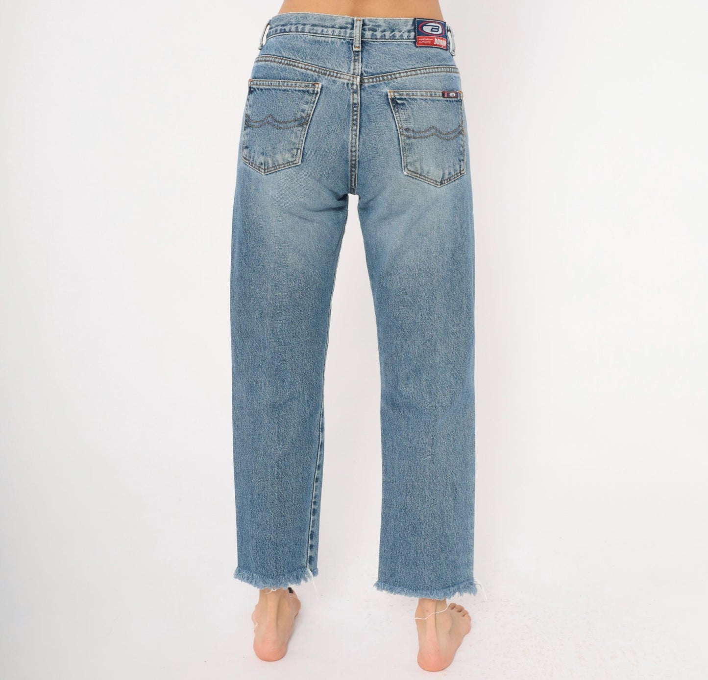 Y2K Bongo Cropped Jeans High Rise Straight Leg Raw Hem Blue Denim Small