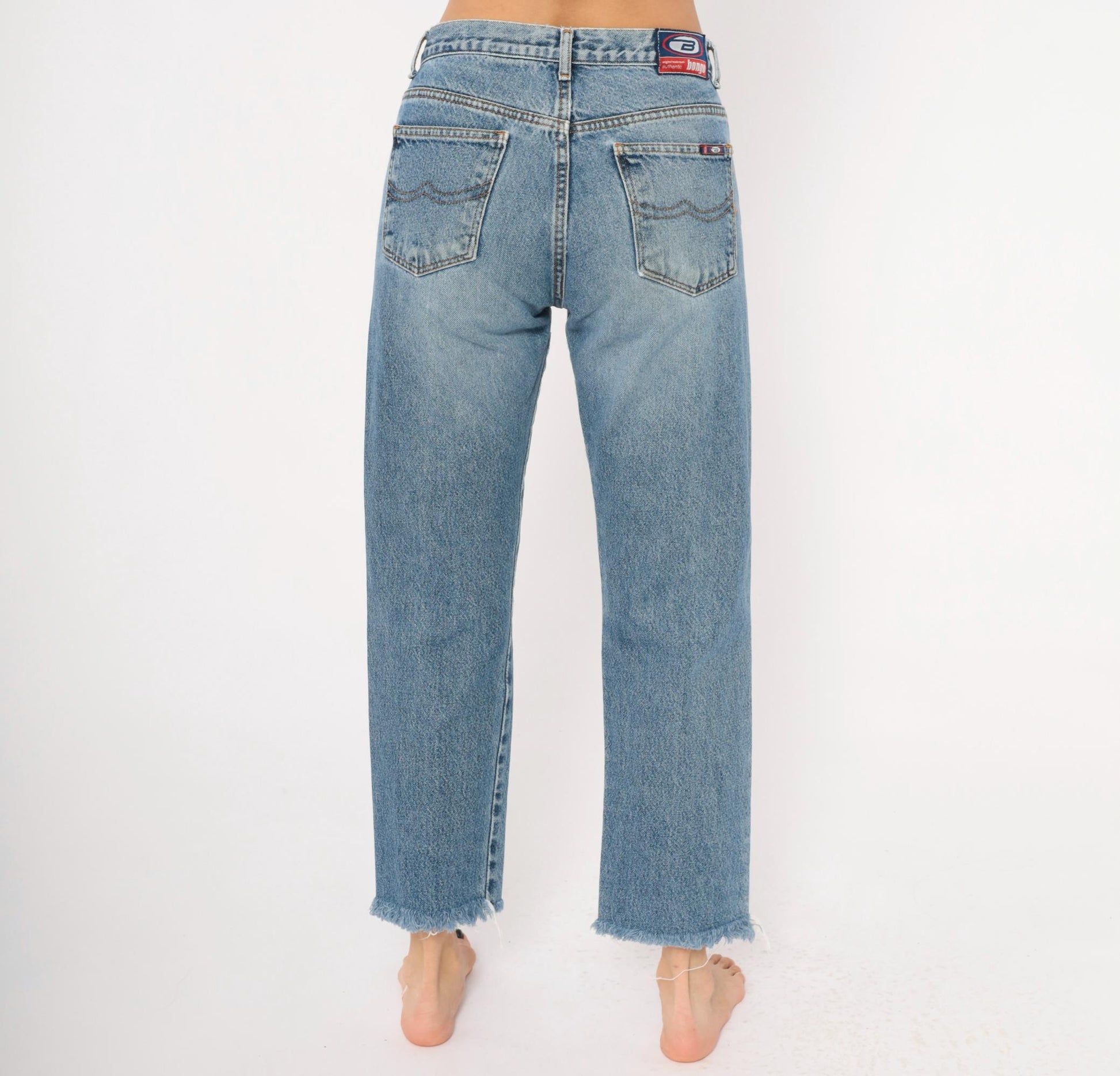 Y2K Bongo Cropped Jeans High Rise Straight Leg Raw Hem Blue Denim Small