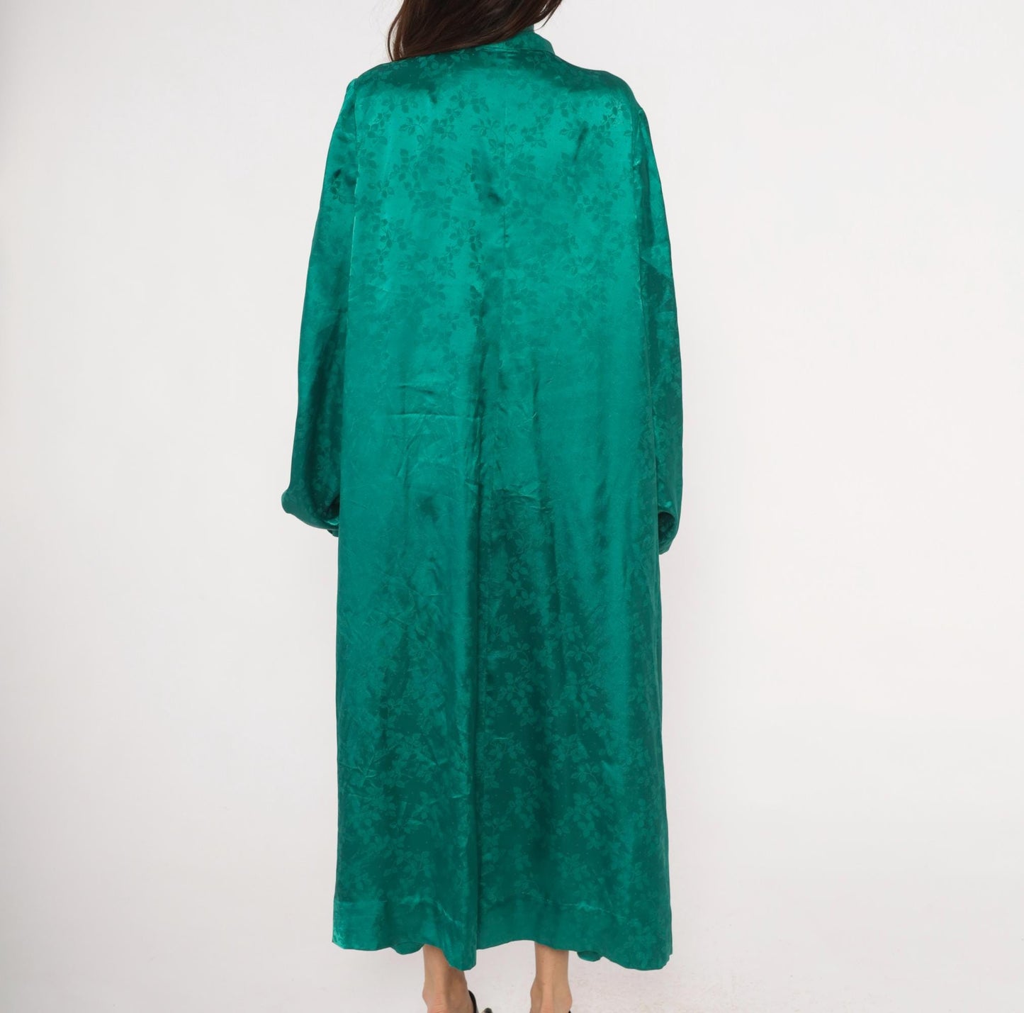 90s Teal Jacquard Maxi Dress Pussy Bow Balloon Sleeve Damask Emerald Extra Large
