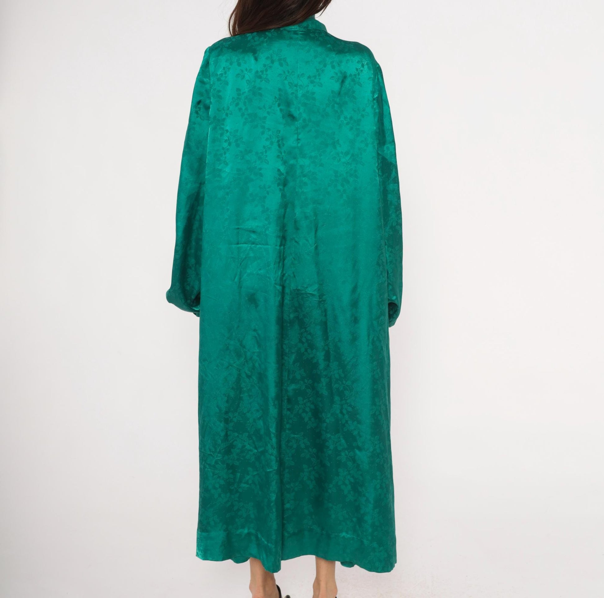 90s Teal Jacquard Maxi Dress Pussy Bow Balloon Sleeve Damask Emerald Extra Large
