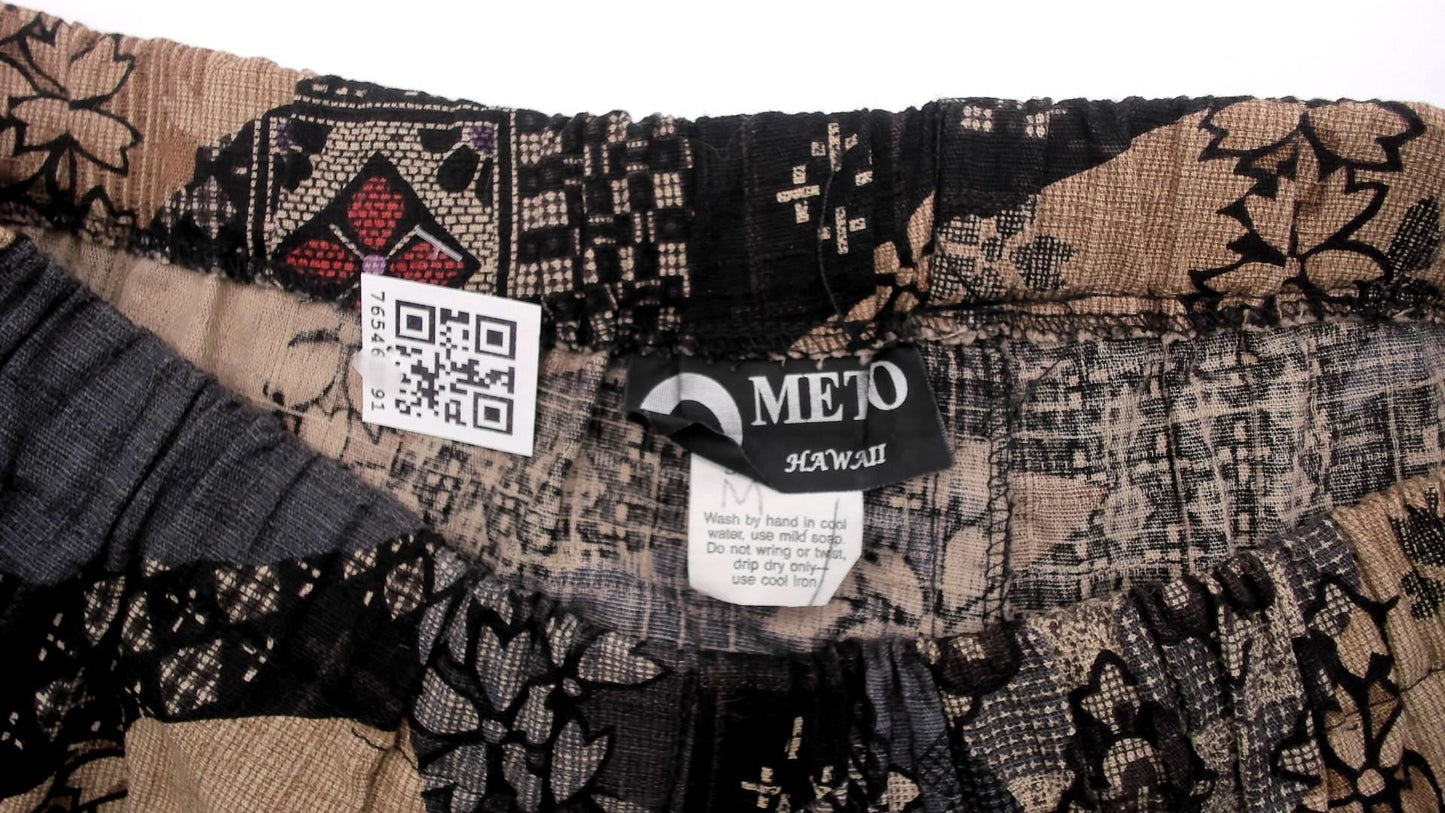 90s Patchwork Print Wide Leg Trousers Black Floral Geometric Elastic Waist Medium M