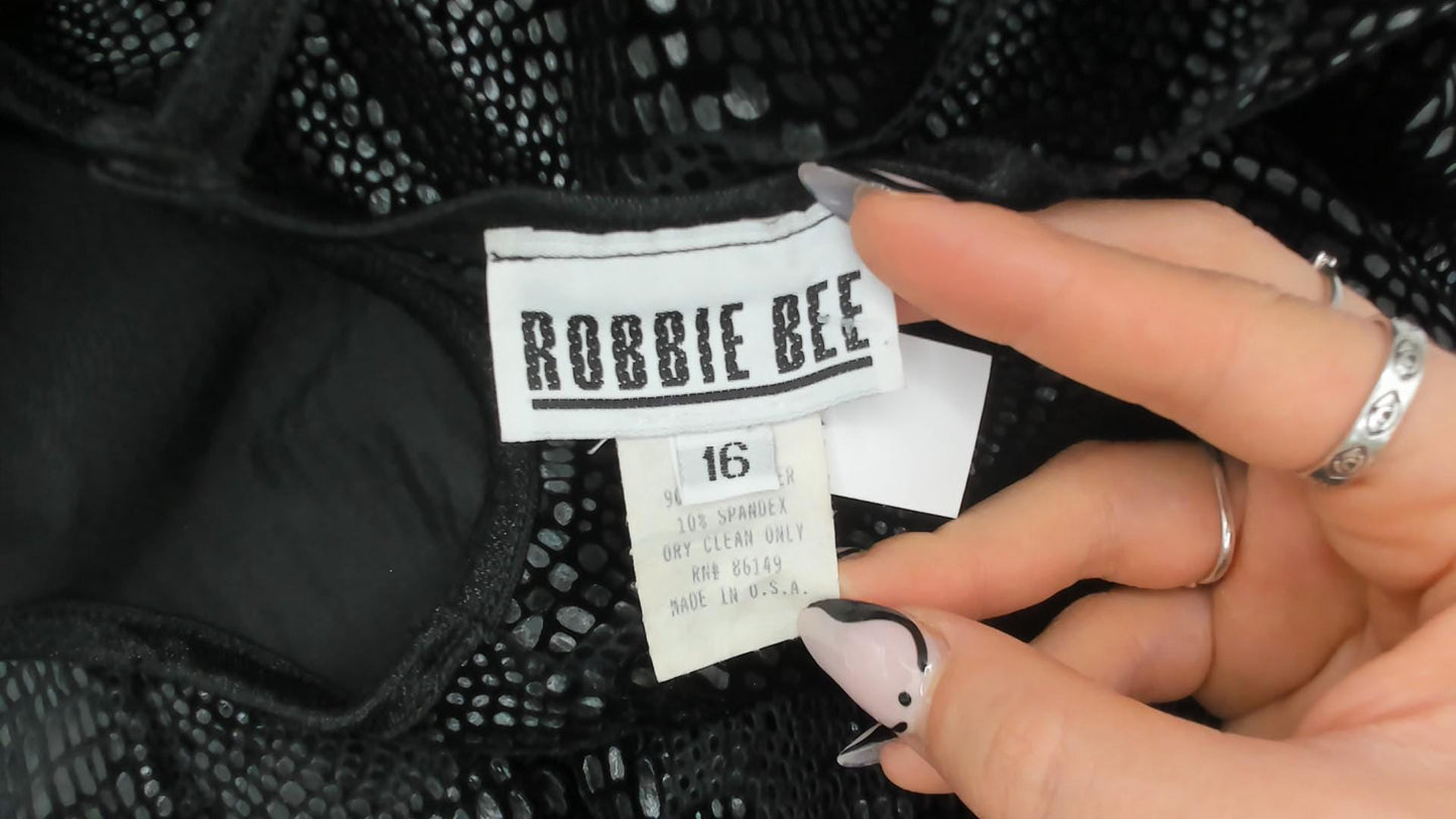 90s Robbie Bee Black Snakeskin Shift Dress Keyhole Back Knee Length Large L