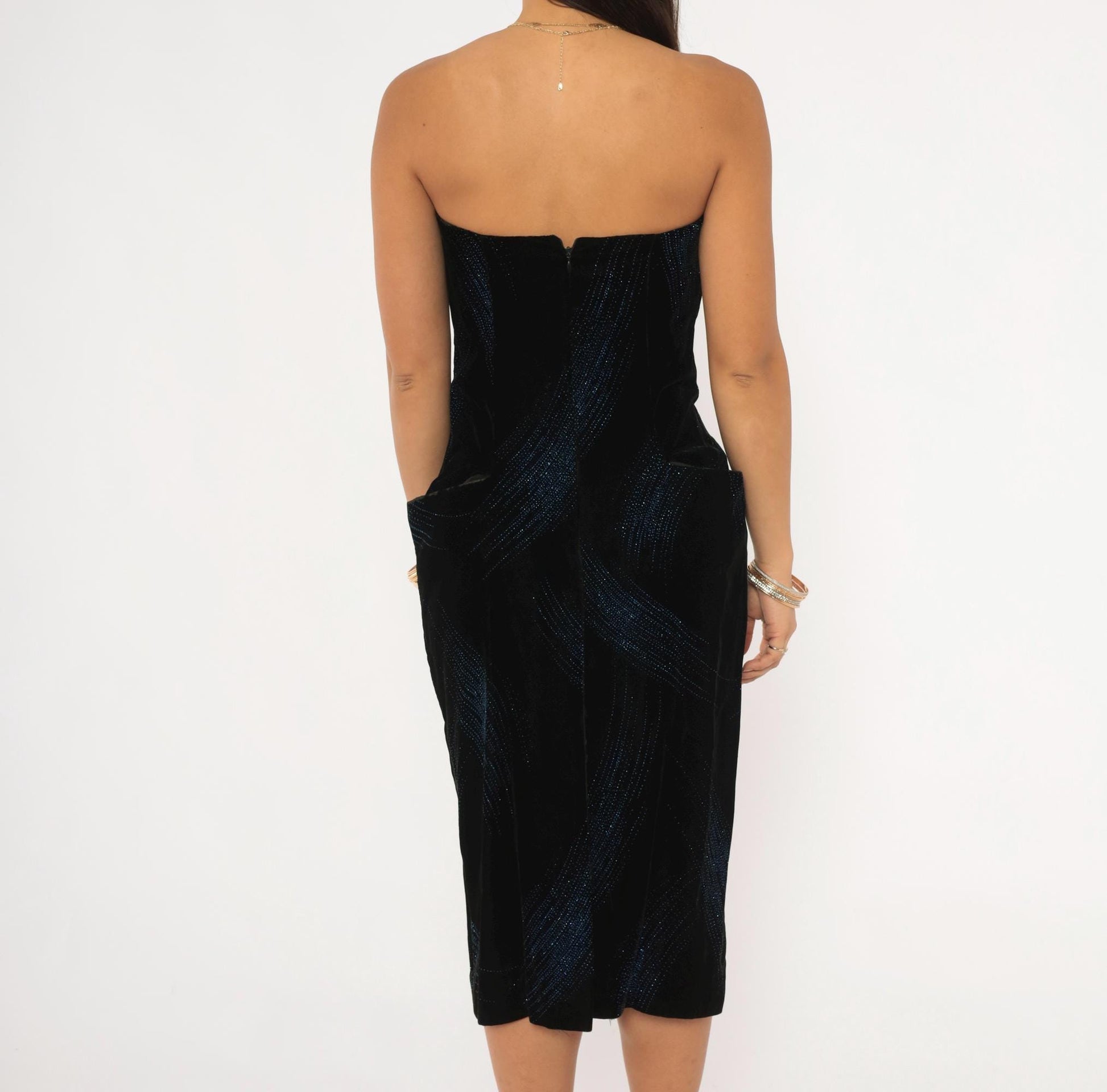 90s A.J. Bari Black Velvet Strapless Dress Blue Glitter Stripe Knee Length Small