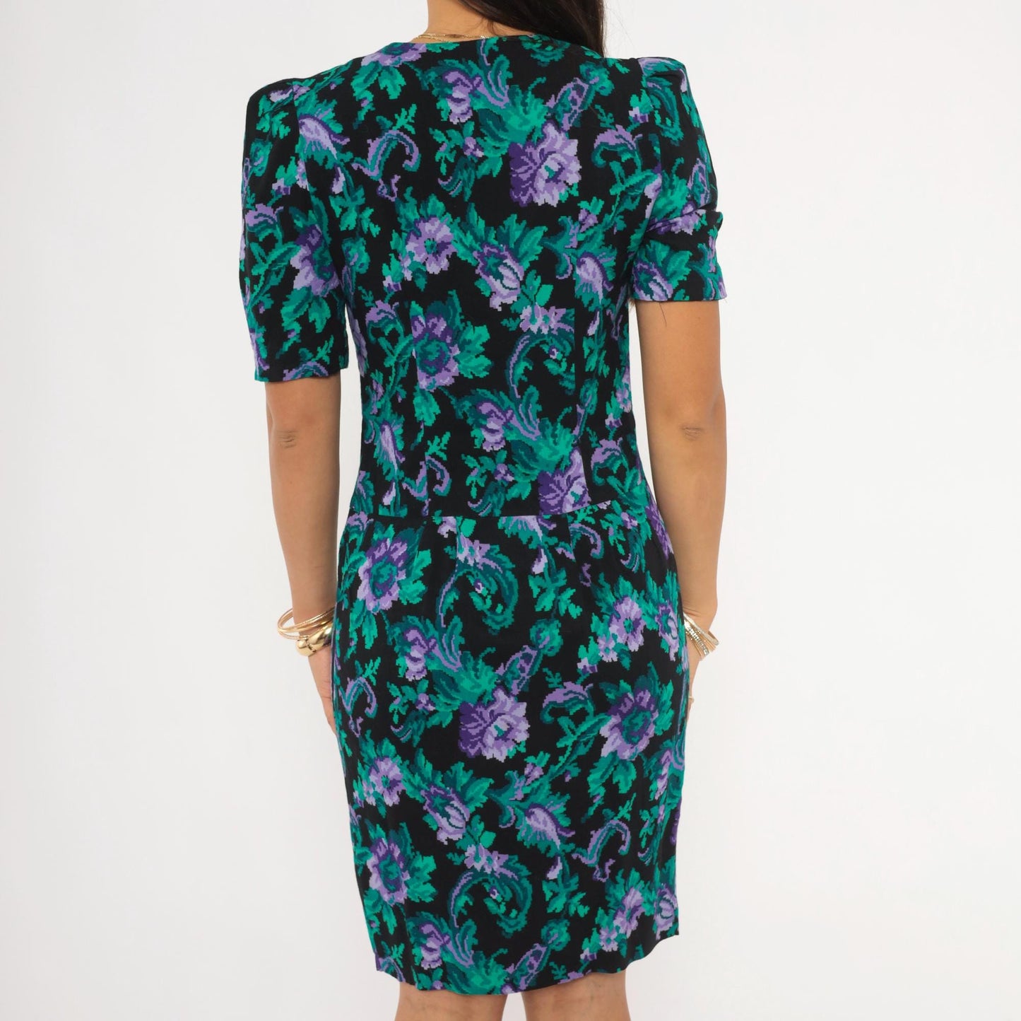 90s Petite Jazz Floral Sheath Dress Puff Sleeve V-Neck Black Teal Purple Extra Small XS