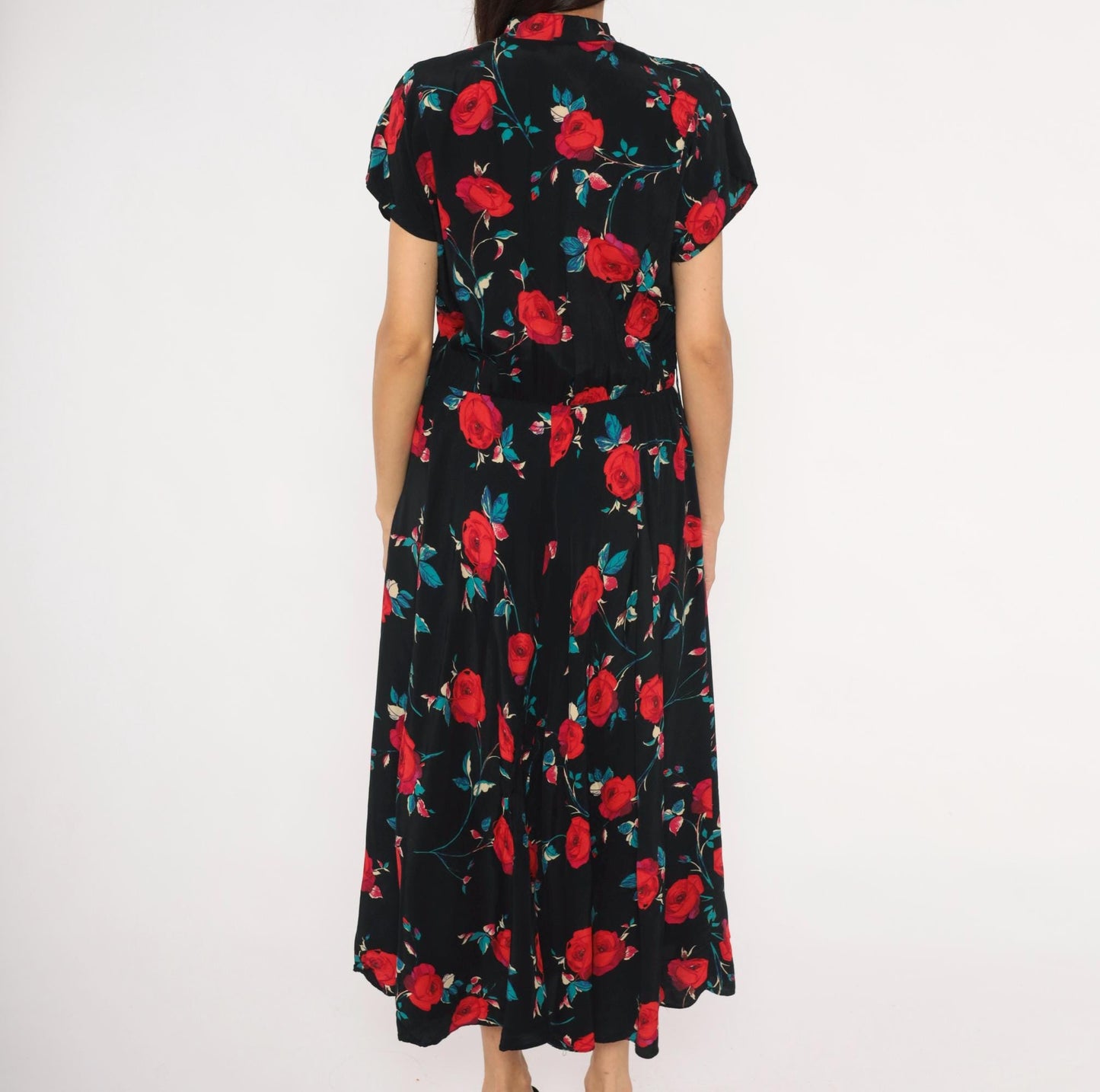 90s Nina Piccalino Black Midi Dress Red Rose Print Mandarin Collar Large L