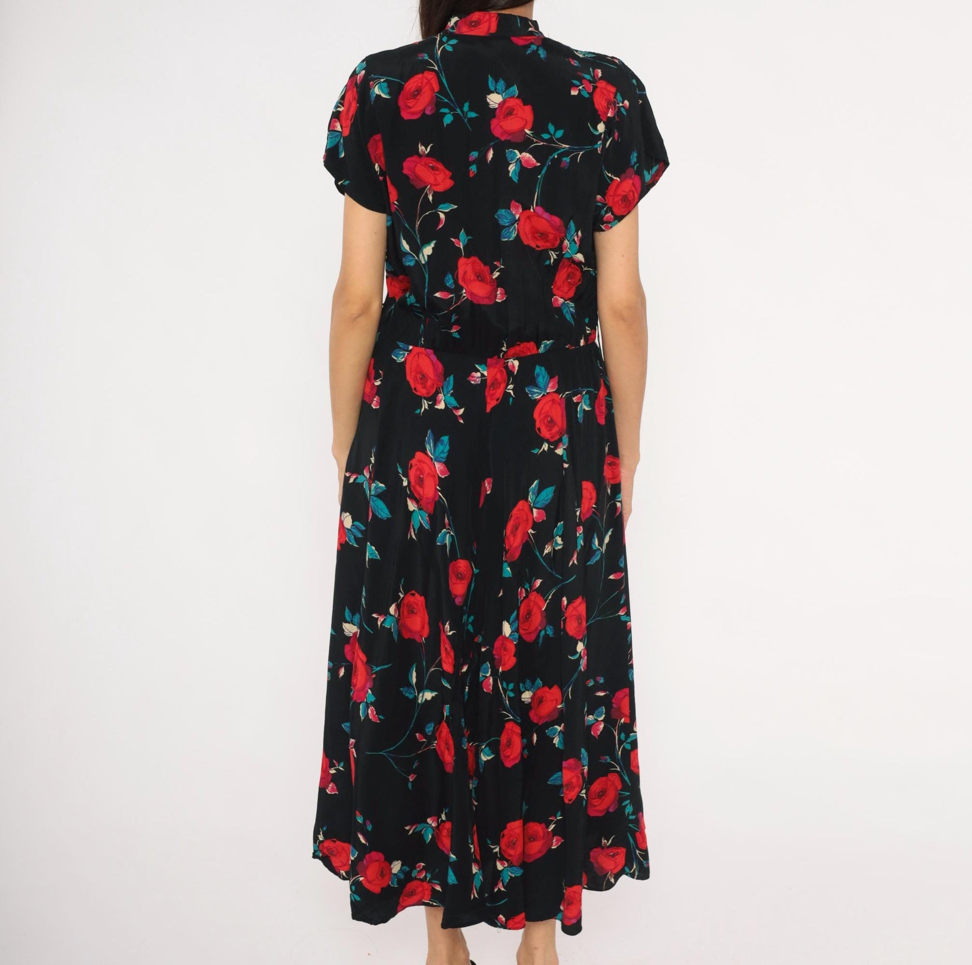 90s Nina Piccalino Black Midi Dress Red Rose Print Mandarin Collar Large L
