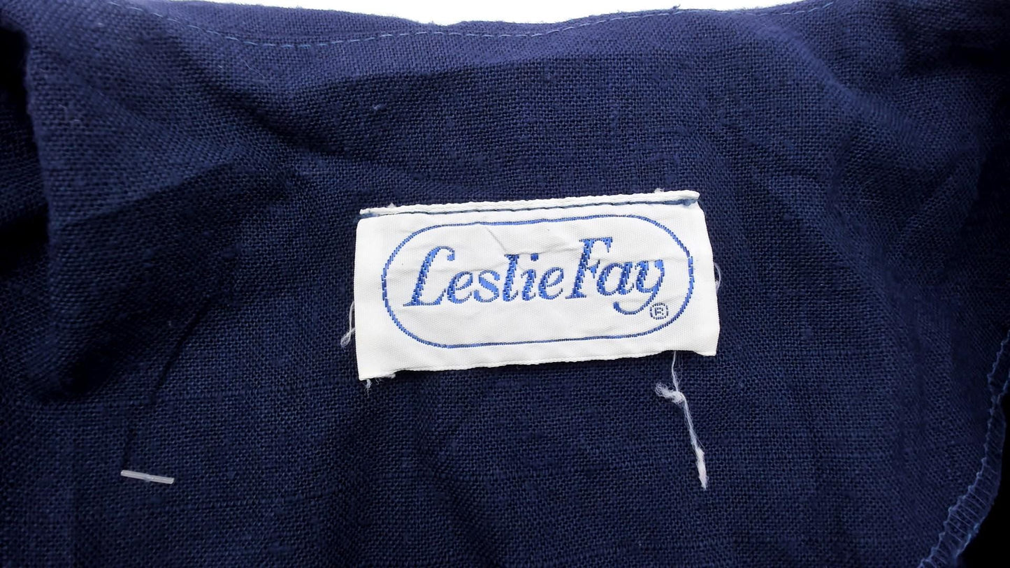 80s Leslie Fay Navy Button-Front Dress Knee-Length Elastic Waist Large L
