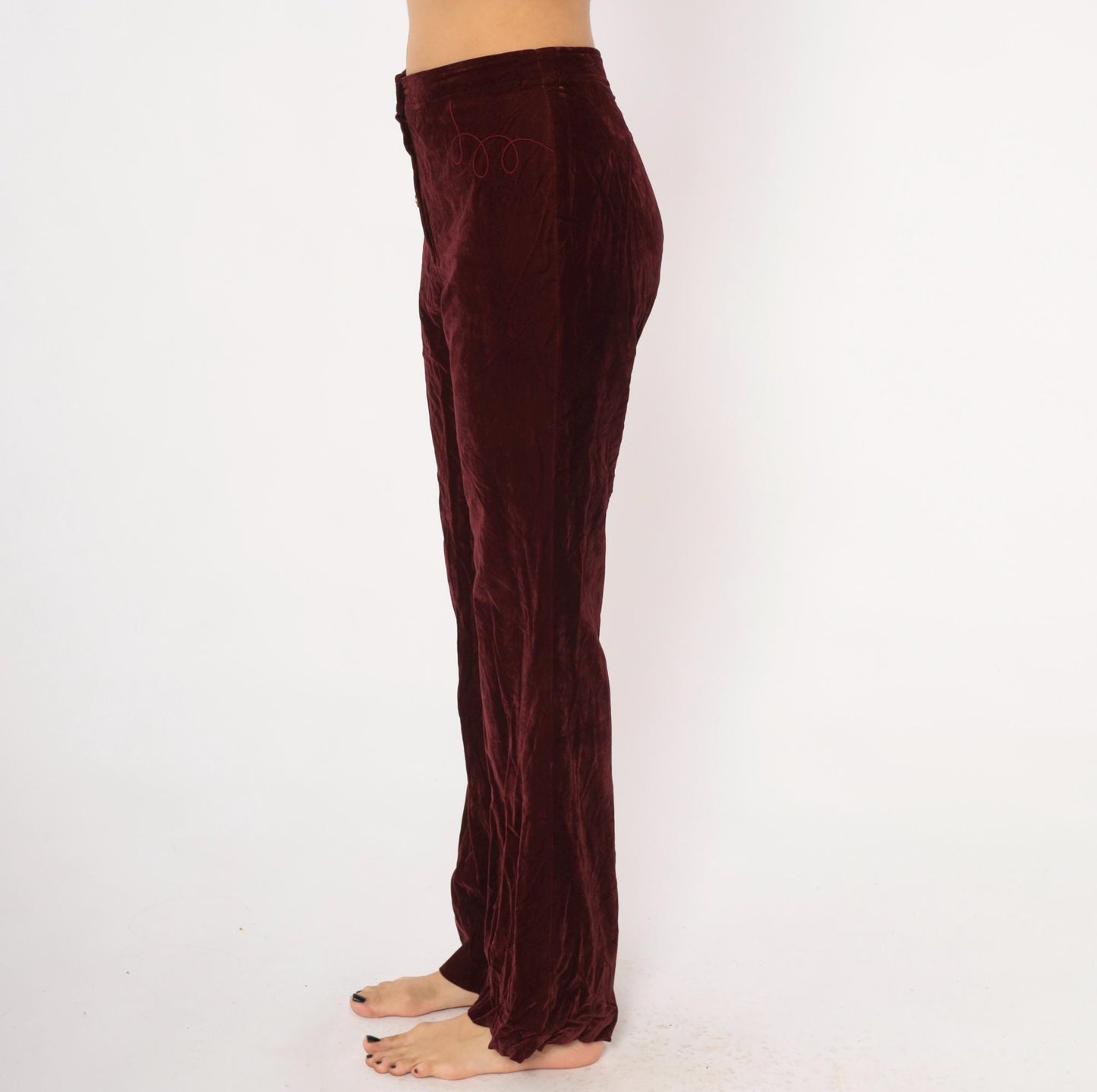 70s Burgundy Crushed Velvet Flare Pants Embroidered Low Rise Medium M